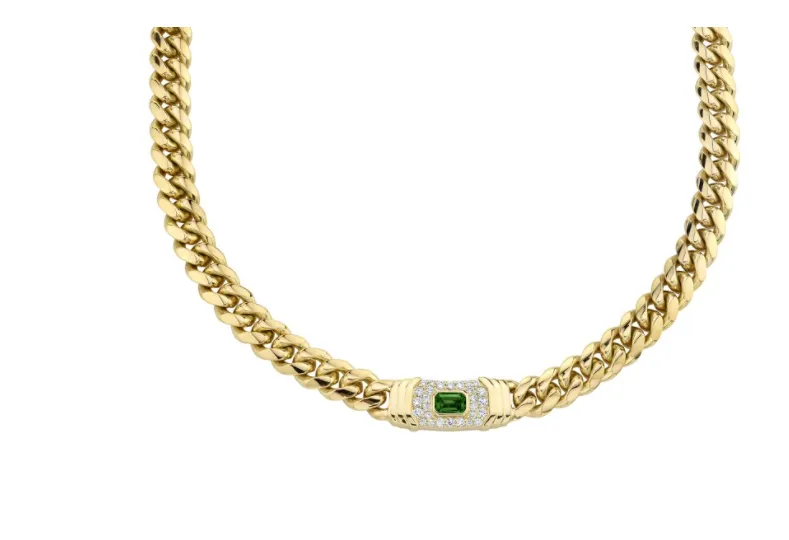 14K Gold Diamond Green Tourmaline Miami Cuban Link Necklace