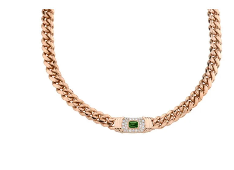 14K Gold Diamond Green Tourmaline Miami Cuban Link Necklace