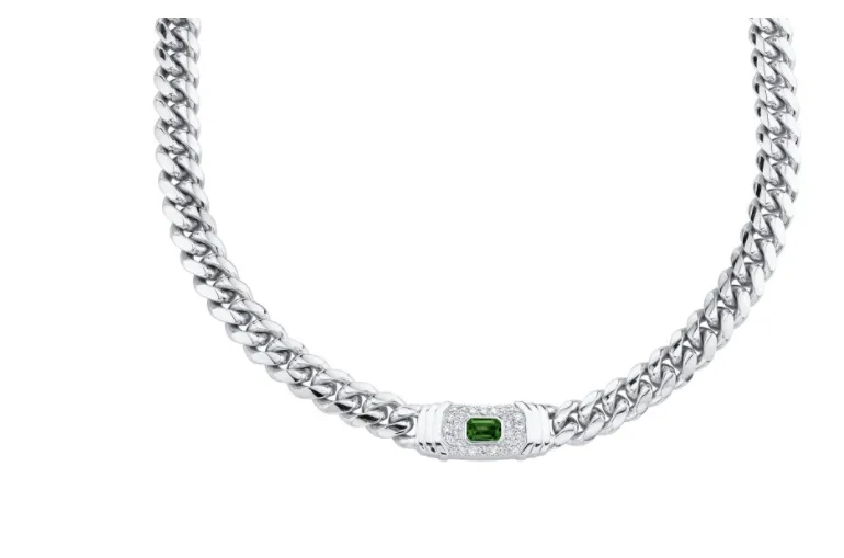 14K Gold Diamond Green Tourmaline Miami Cuban Link Necklace