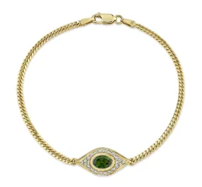 14K Gold Diamond Oval Green Tourmaline Evil Eye Bracelet