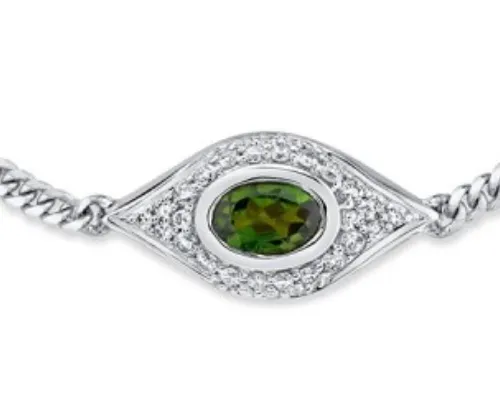 14K Gold Diamond Oval Green Tourmaline Evil Eye Bracelet