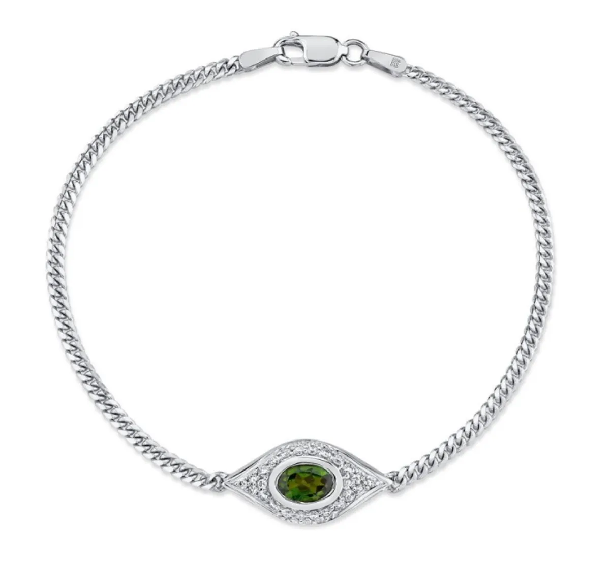 14K Gold Diamond Oval Green Tourmaline Evil Eye Bracelet