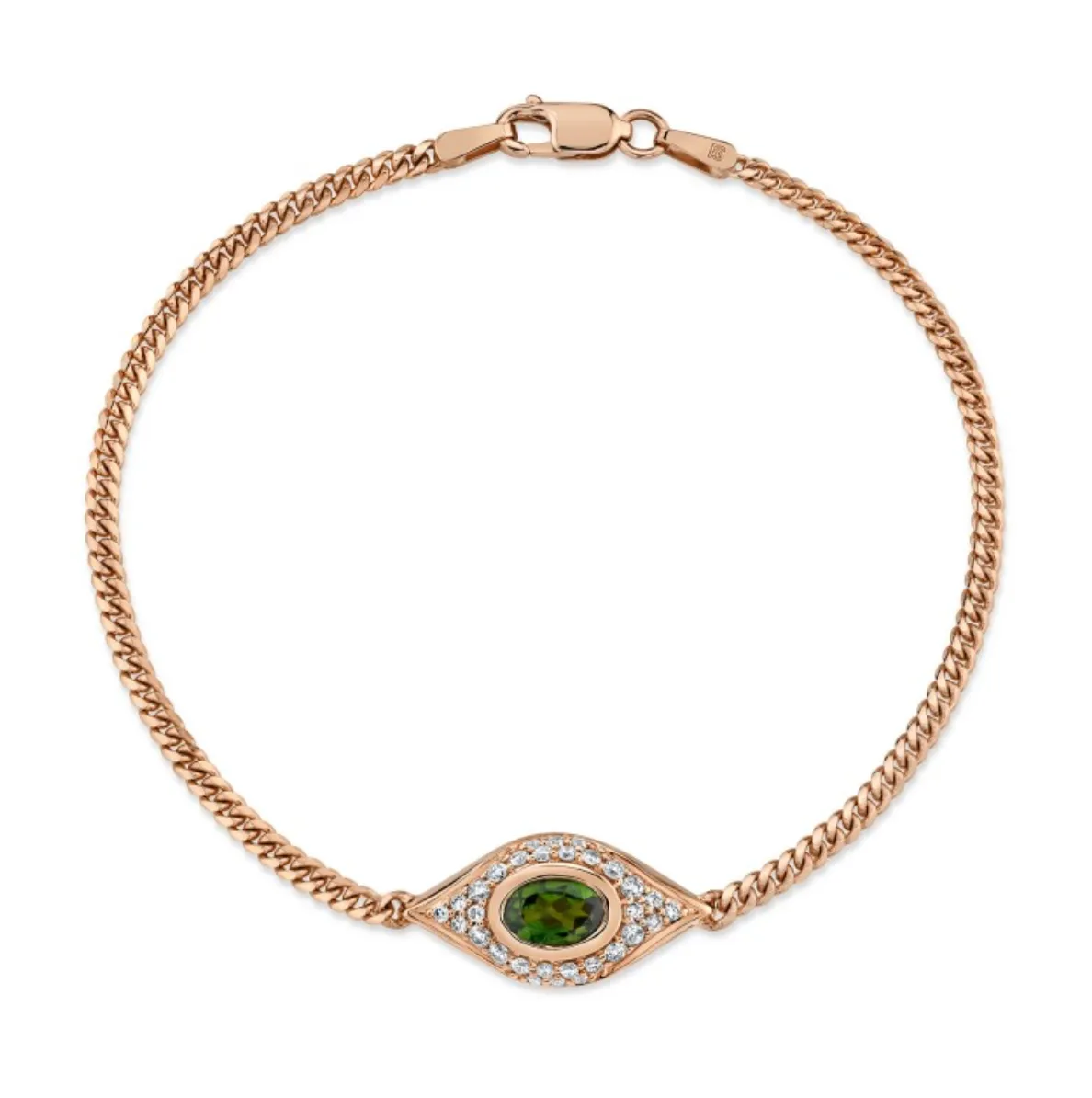 14K Gold Diamond Oval Green Tourmaline Evil Eye Bracelet