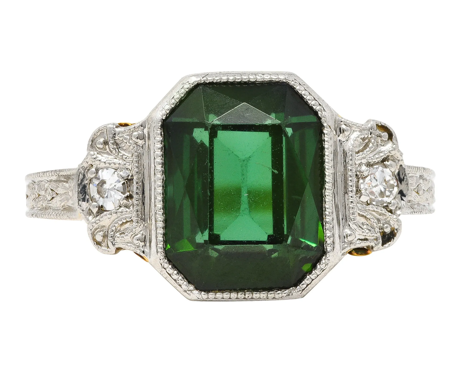 1930's Jones & Woodland Art Deco Green Tourmaline Diamond Platinum-Topped 14 Karat Yellow Gold Gemstone Ring