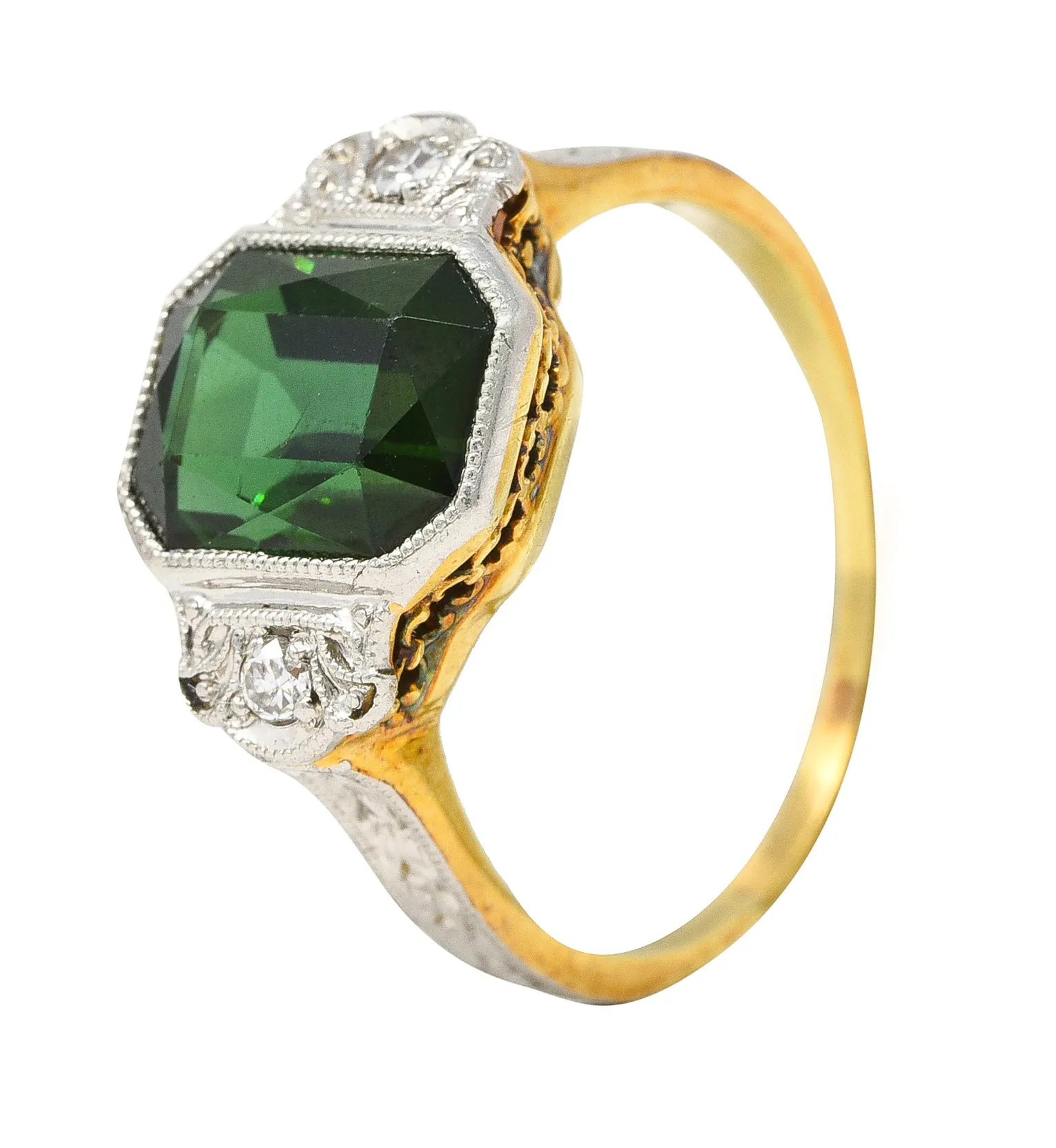 1930's Jones & Woodland Art Deco Green Tourmaline Diamond Platinum-Topped 14 Karat Yellow Gold Gemstone Ring