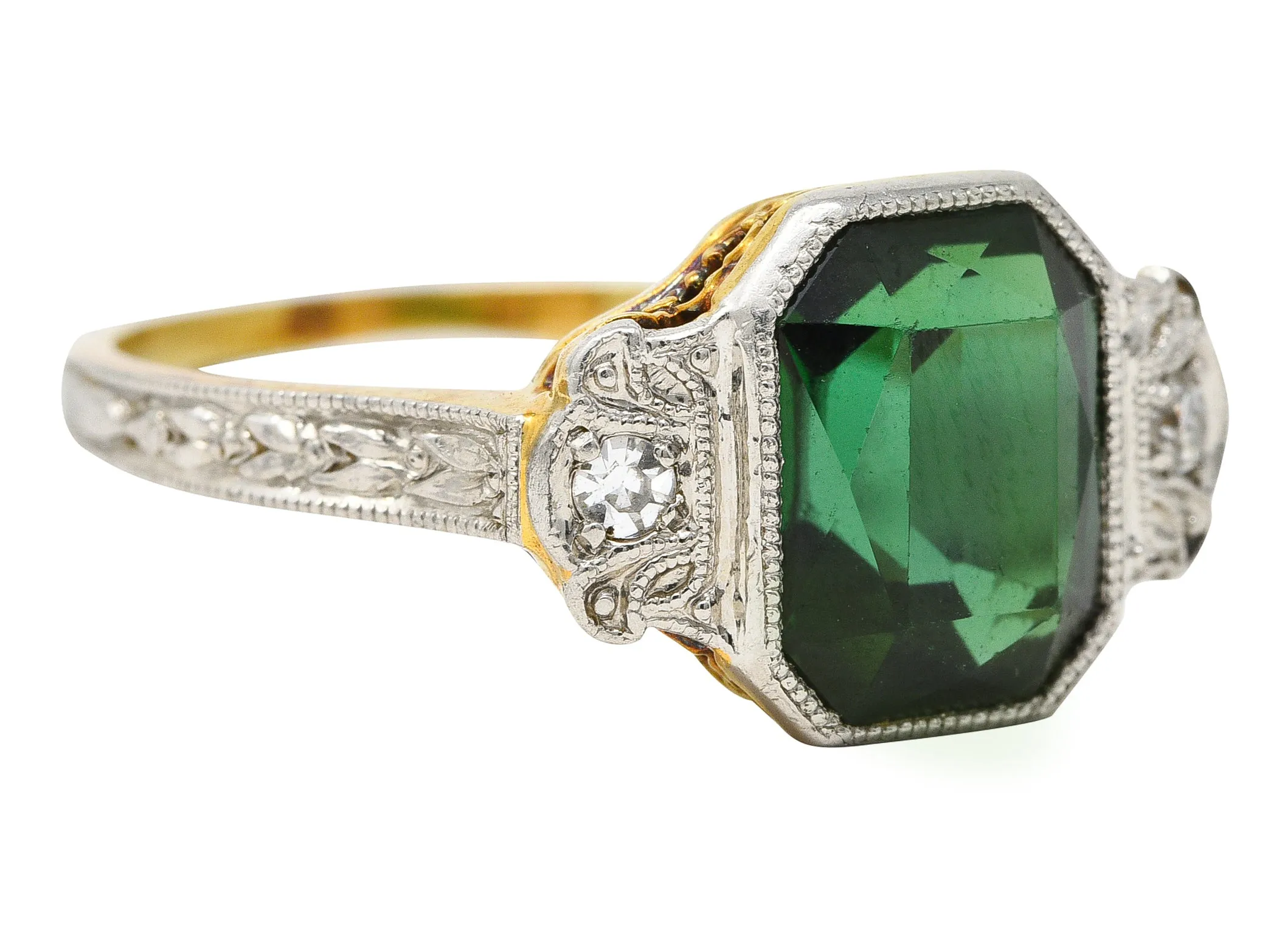 1930's Jones & Woodland Art Deco Green Tourmaline Diamond Platinum-Topped 14 Karat Yellow Gold Gemstone Ring