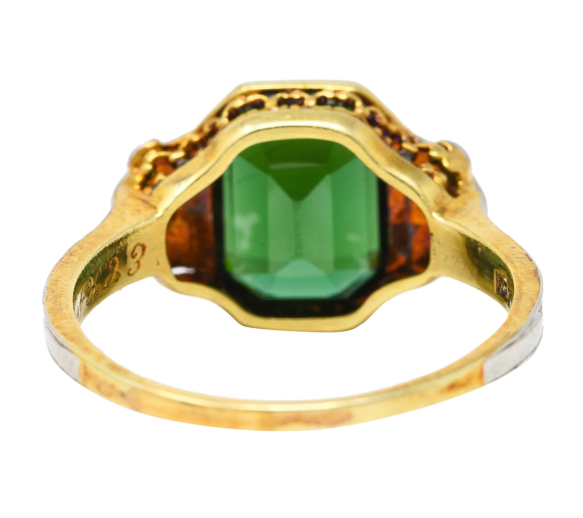 1930's Jones & Woodland Art Deco Green Tourmaline Diamond Platinum-Topped 14 Karat Yellow Gold Gemstone Ring