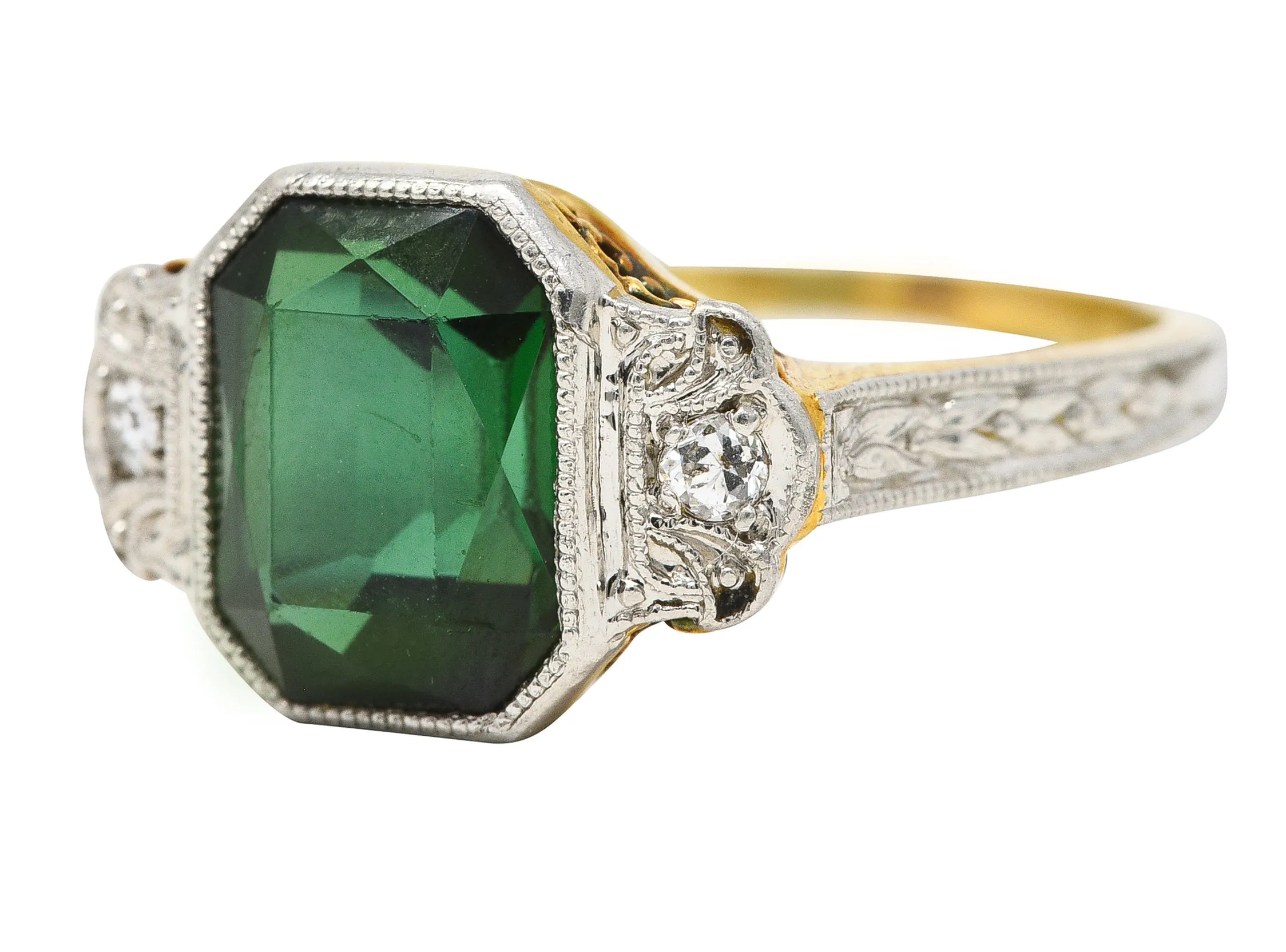 1930's Jones & Woodland Art Deco Green Tourmaline Diamond Platinum-Topped 14 Karat Yellow Gold Gemstone Ring