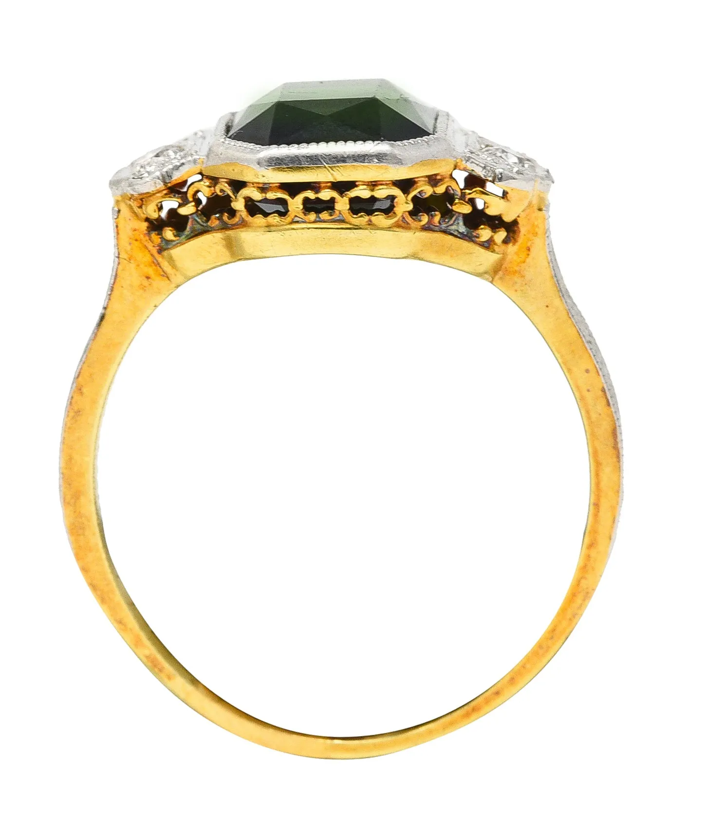 1930's Jones & Woodland Art Deco Green Tourmaline Diamond Platinum-Topped 14 Karat Yellow Gold Gemstone Ring