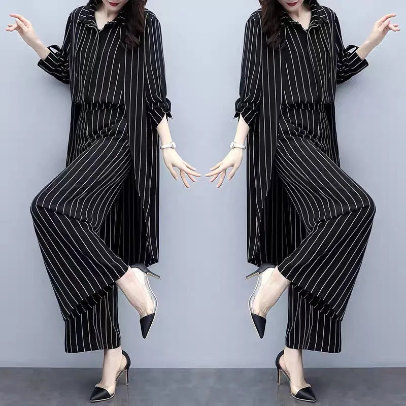 2023 new autumn plus size women's loose black striped cardigan two-piece casual fashion wide-leg pants suit