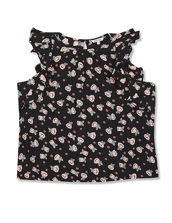 Aeropostale Women Black Sleeveless Ruffle Accent Floral Print Top