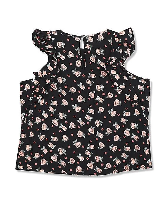 Aeropostale Women Black Sleeveless Ruffle Accent Floral Print Top