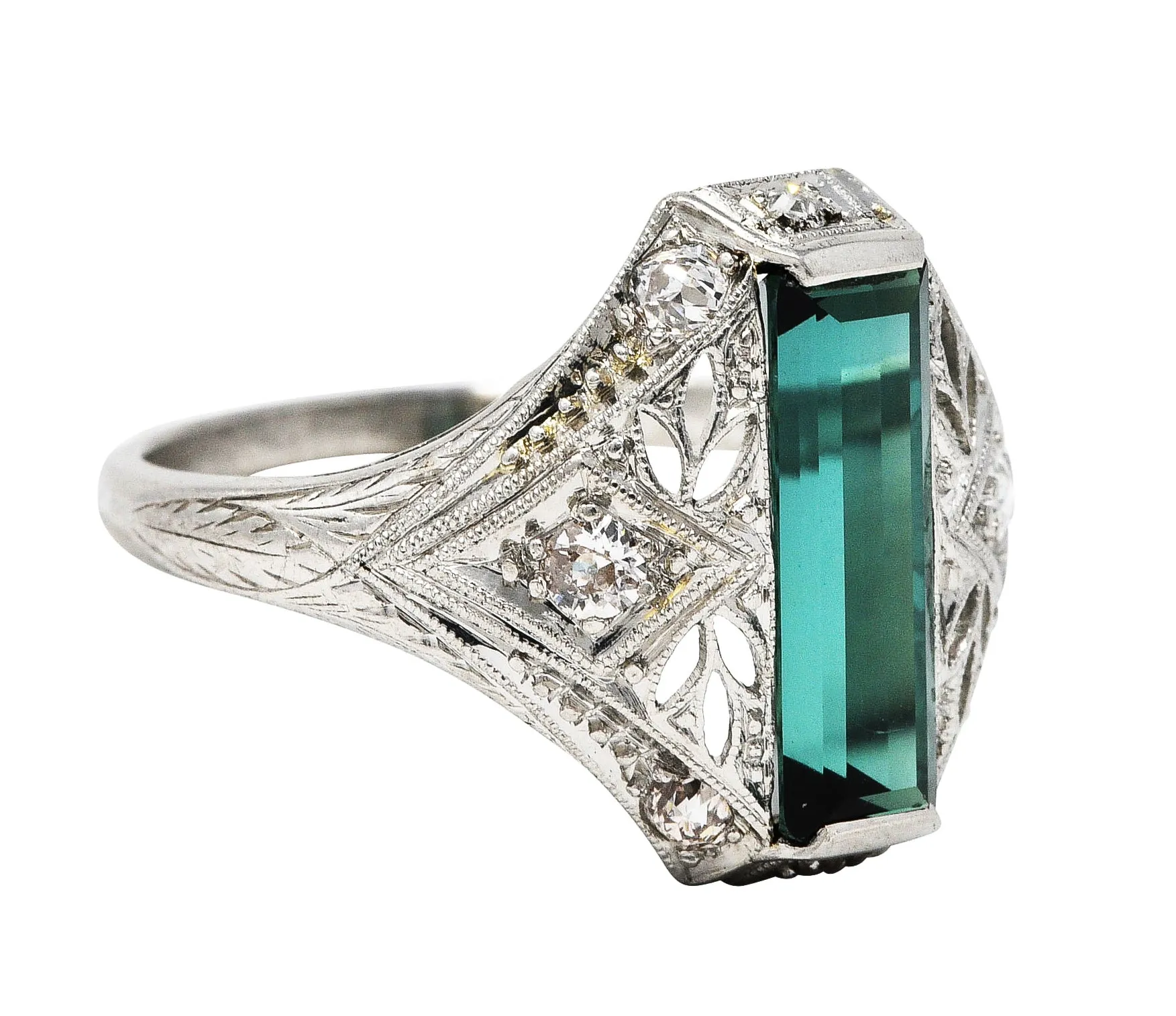 Art Deco Green Tourmaline Diamond Platinum Dinner Ring