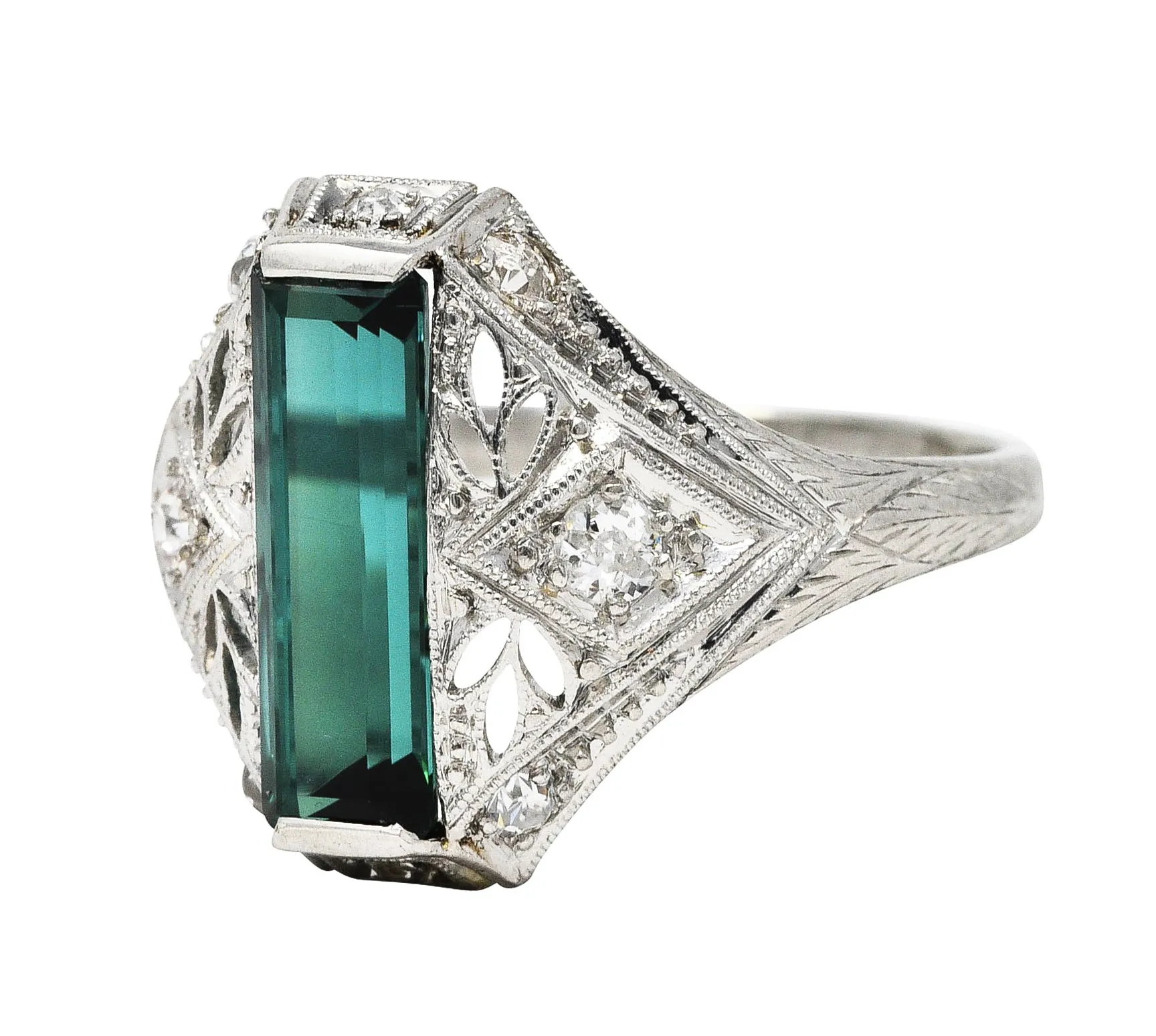 Art Deco Green Tourmaline Diamond Platinum Dinner Ring