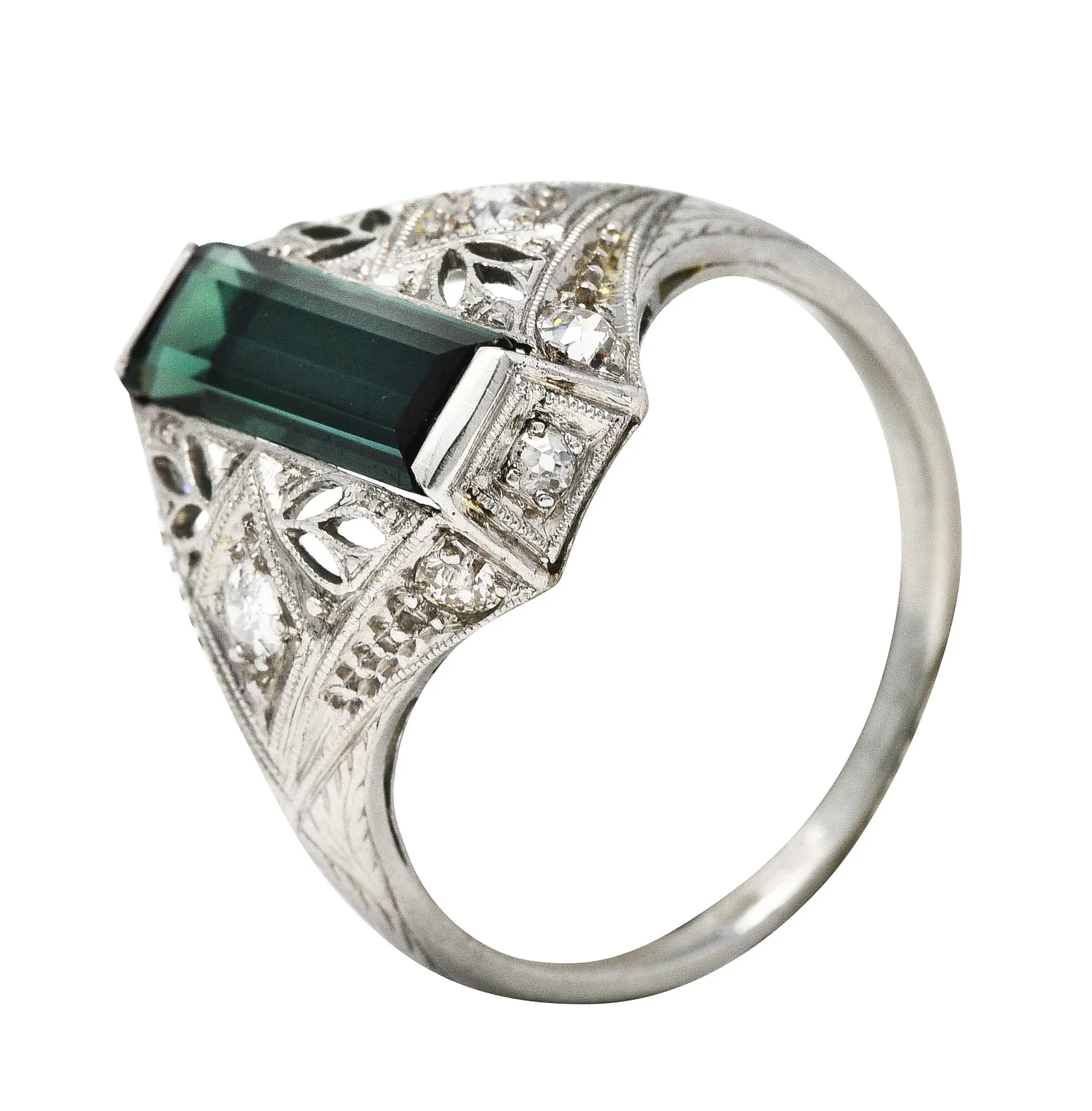 Art Deco Green Tourmaline Diamond Platinum Dinner Ring