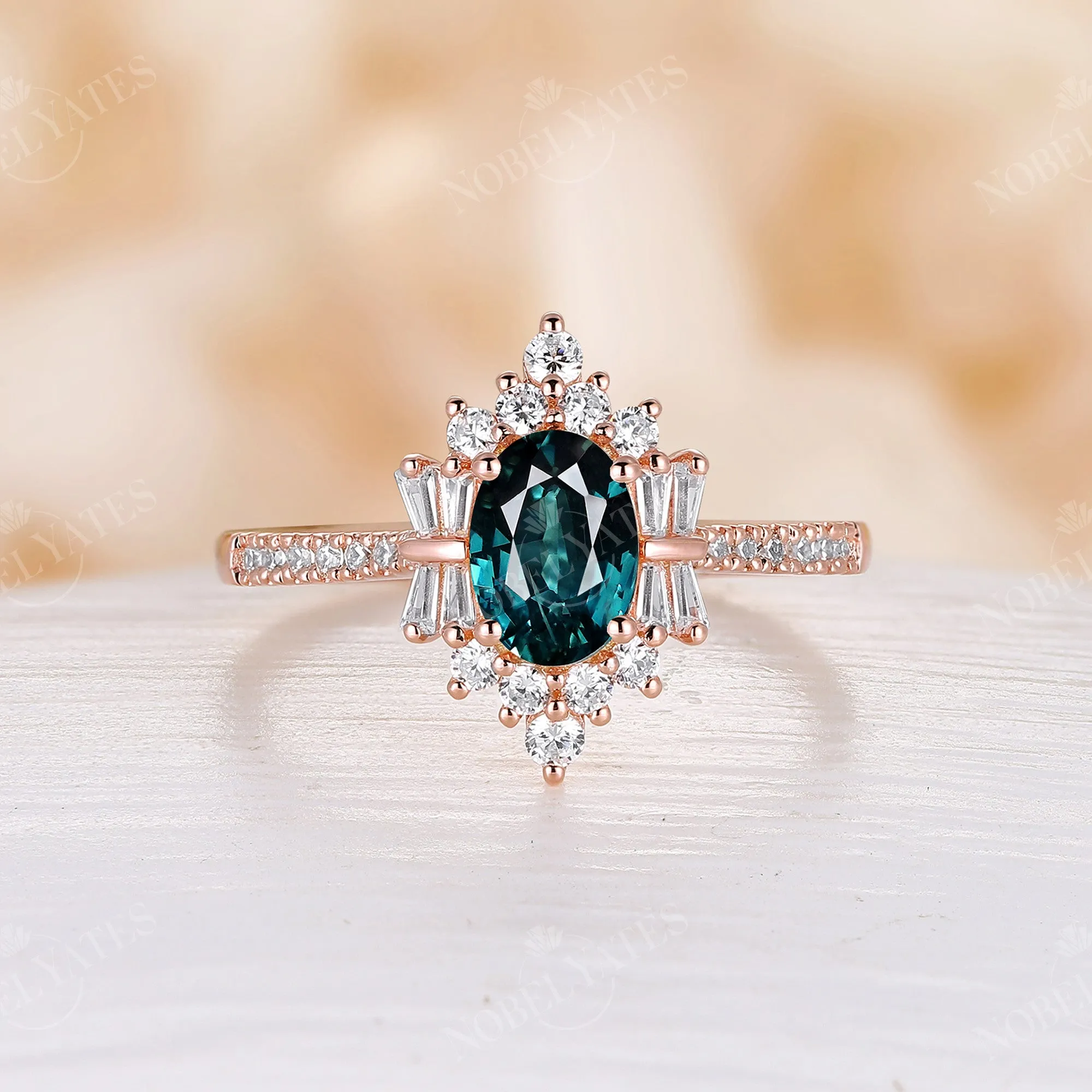 Art Deco Oval Blue Green Sapphire Rose Gold Cluster Engagement Ring