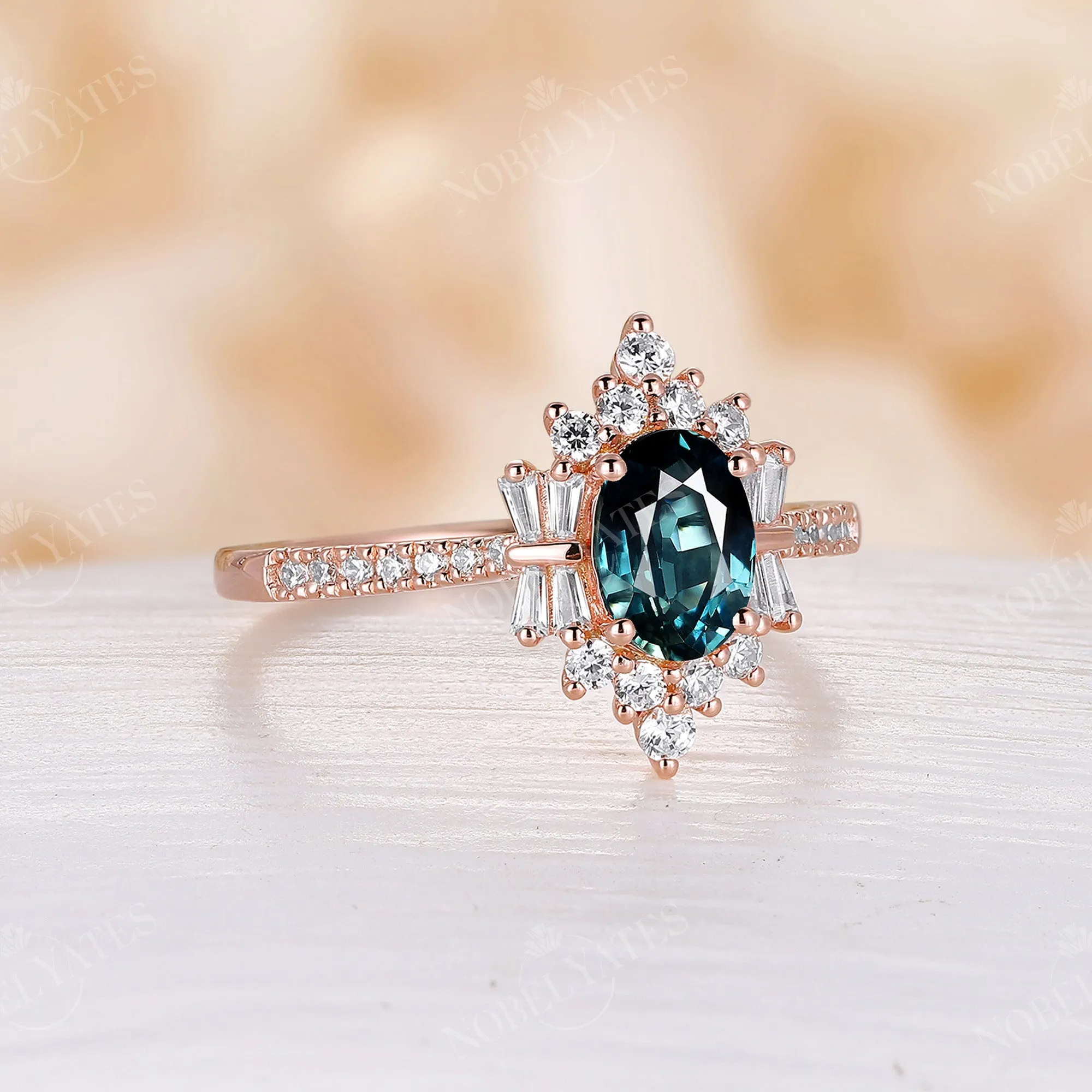 Art Deco Oval Blue Green Sapphire Rose Gold Cluster Engagement Ring