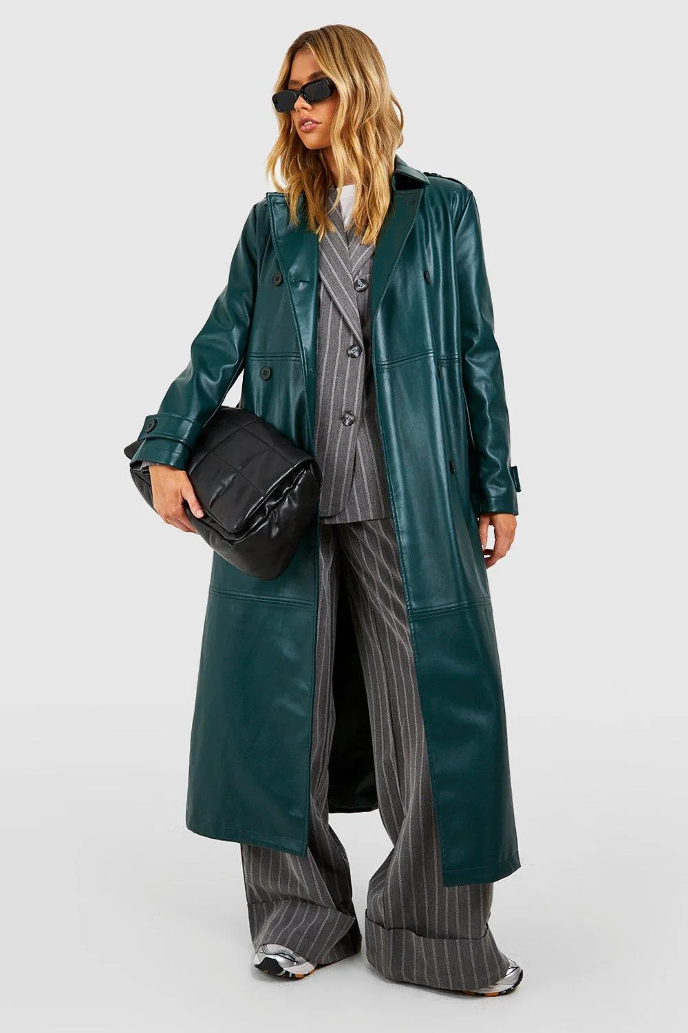 Belted Faux Leather Trench Coat