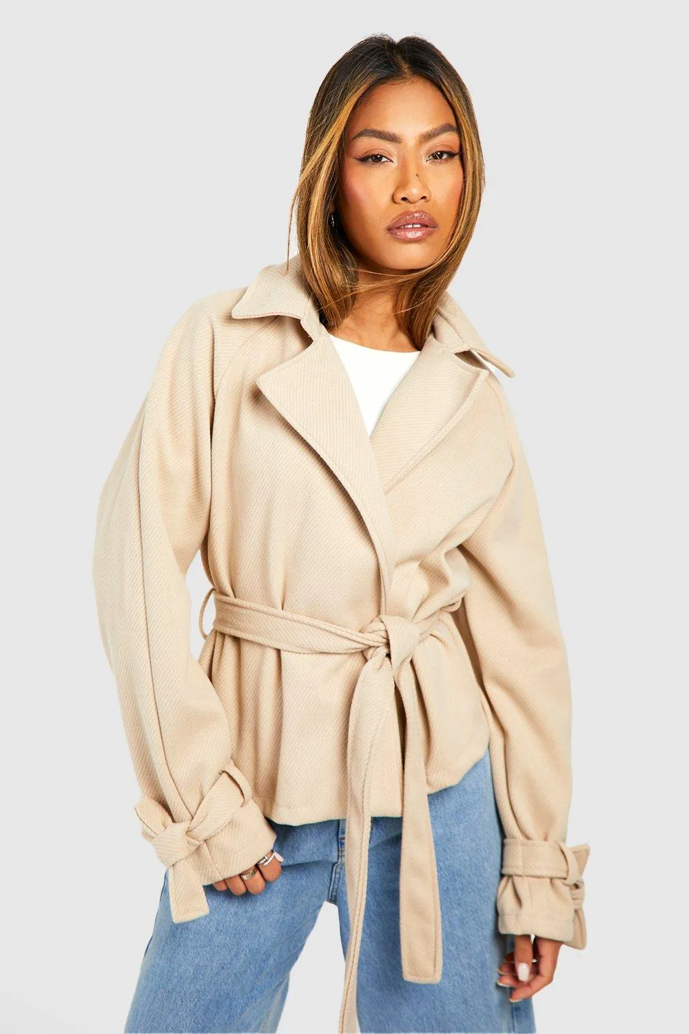 Belted Short Textured Wool Look Trench Coat