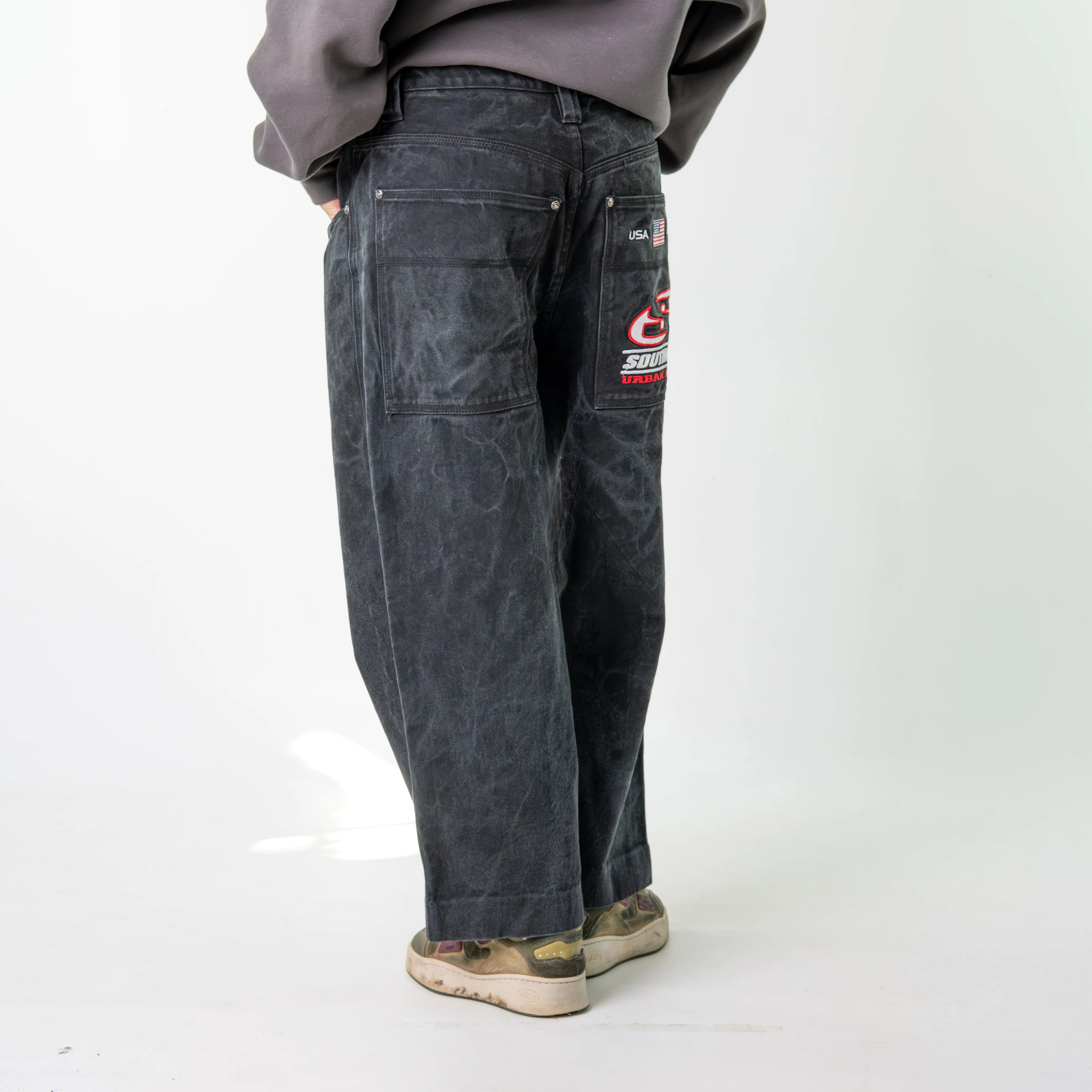 Black 90s Baggy Hip Hop Southpole Cargo Skater Trousers Pants Jeans (32x26)