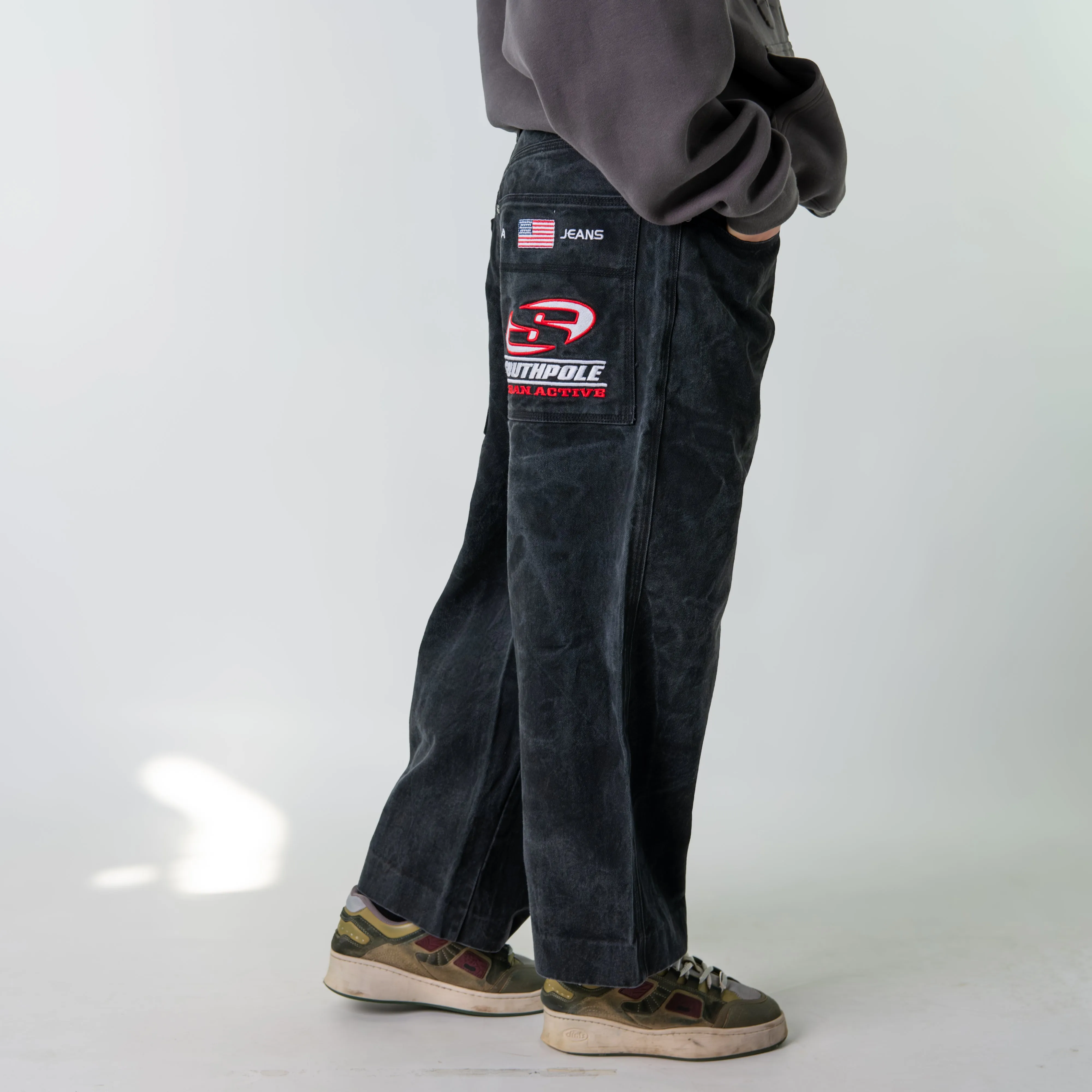 Black 90s Baggy Hip Hop Southpole Cargo Skater Trousers Pants Jeans (32x26)