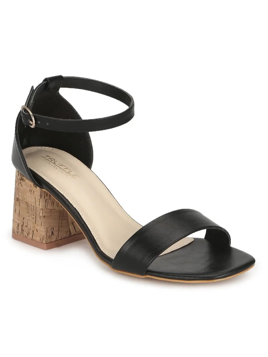 Black PU Low Block Heel Sandals