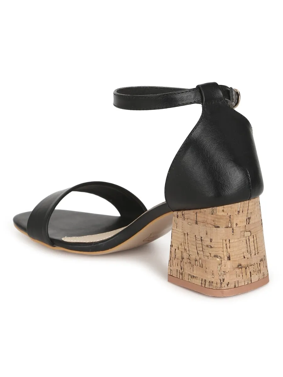 Black PU Low Block Heel Sandals