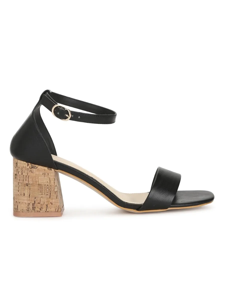 Black PU Low Block Heel Sandals