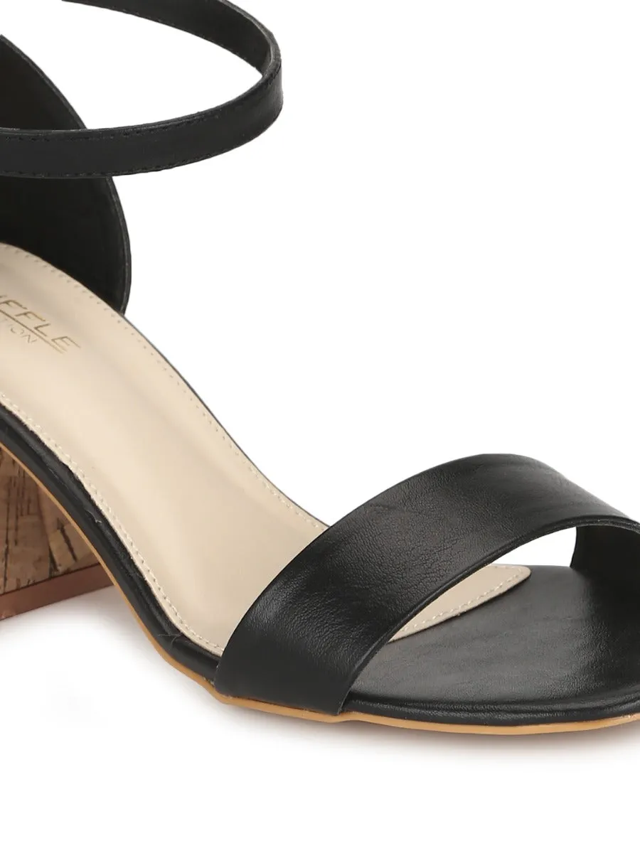 Black PU Low Block Heel Sandals