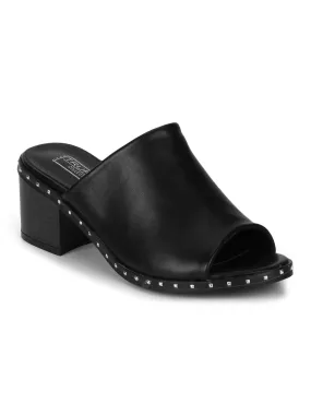 Black PU Studded Low Heel Sandals