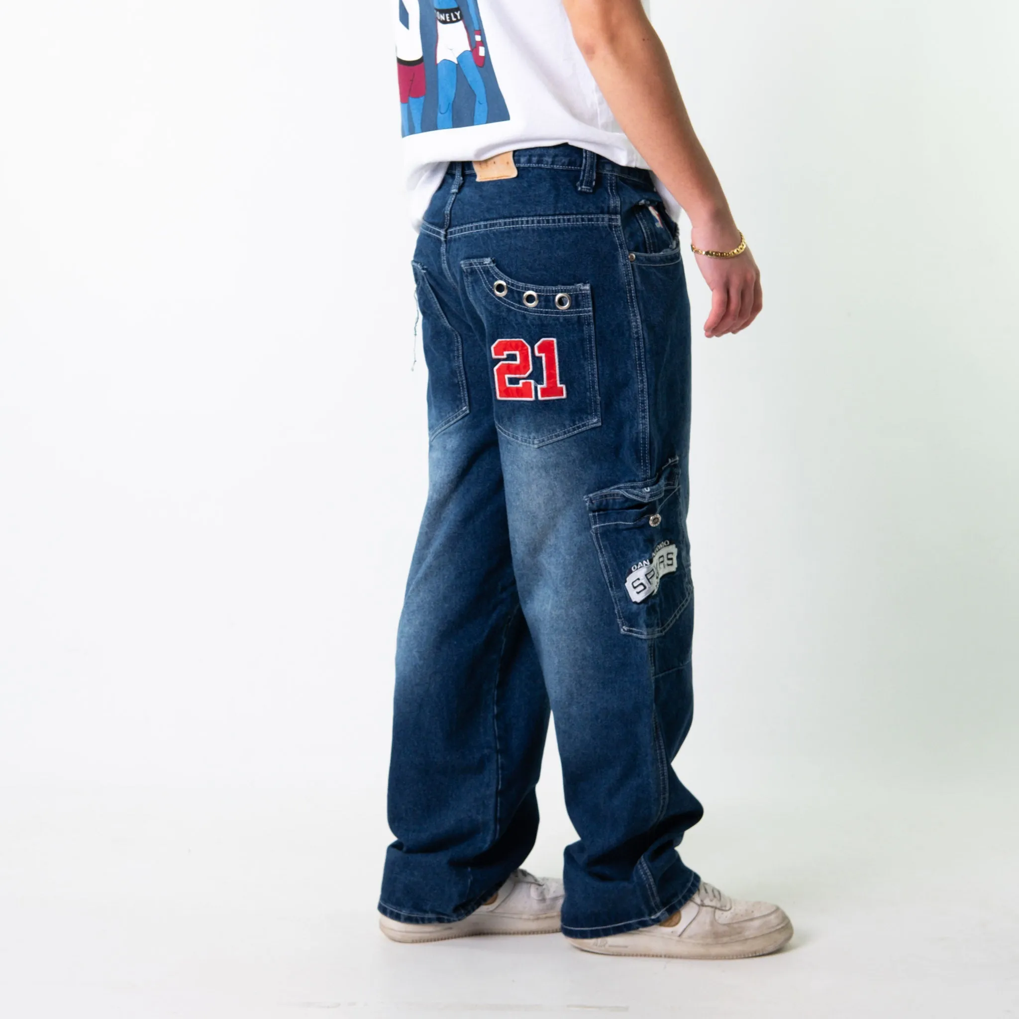 Blue 90s Baggy Hip Hop Japanese Embroidered Cargo Skater Trousers Pants Jeans (34x32)