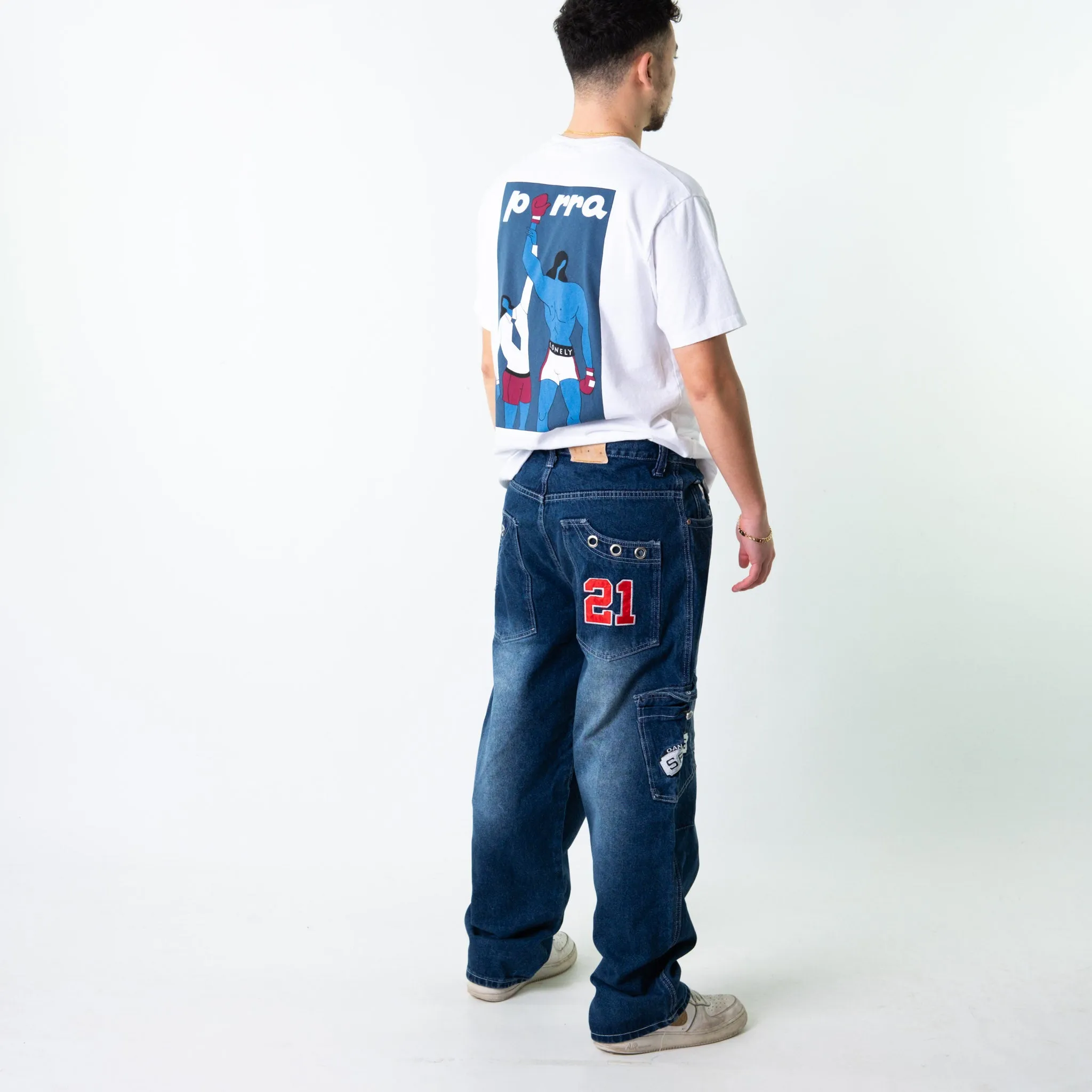 Blue 90s Baggy Hip Hop Japanese Embroidered Cargo Skater Trousers Pants Jeans (34x32)