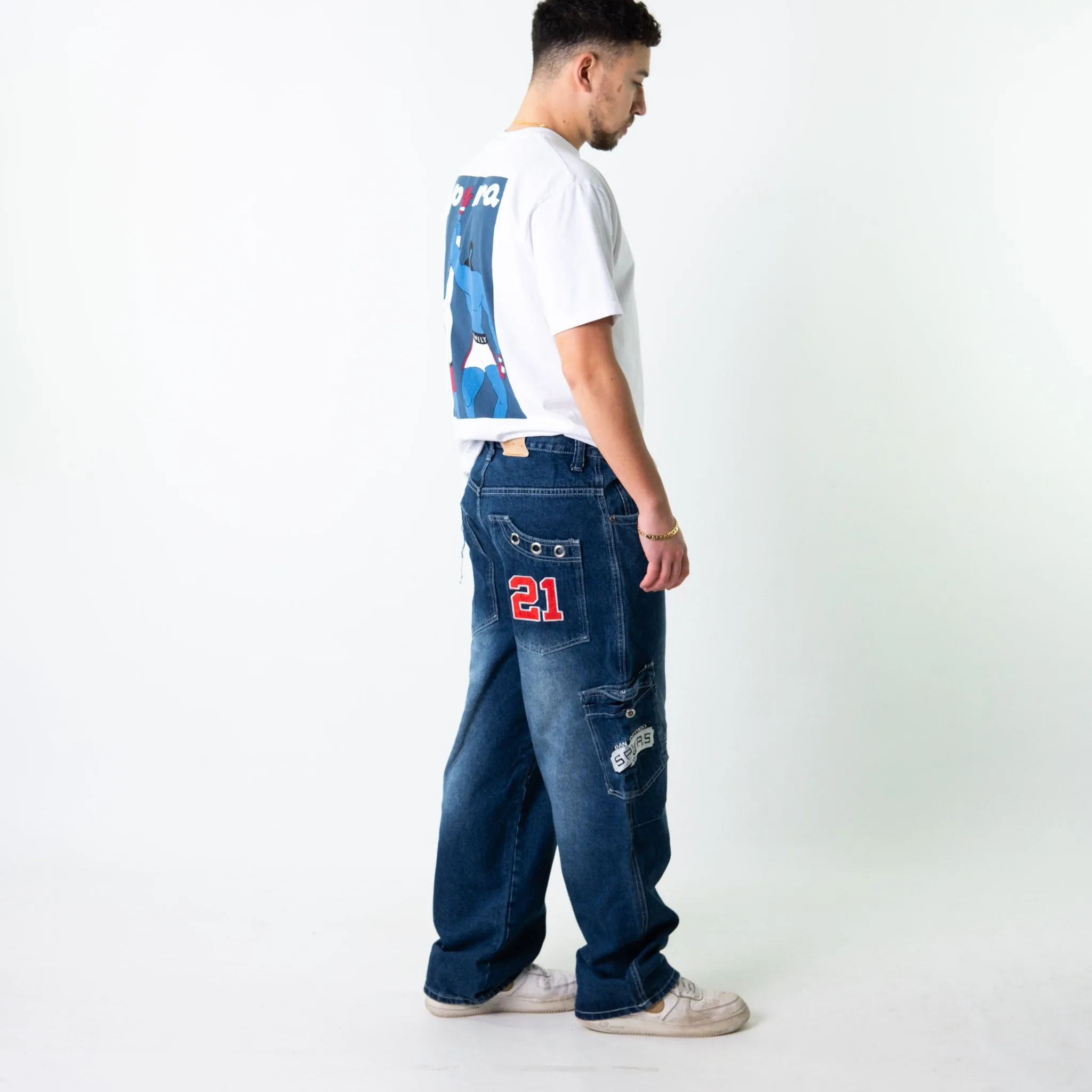 Blue 90s Baggy Hip Hop Japanese Embroidered Cargo Skater Trousers Pants Jeans (34x32)