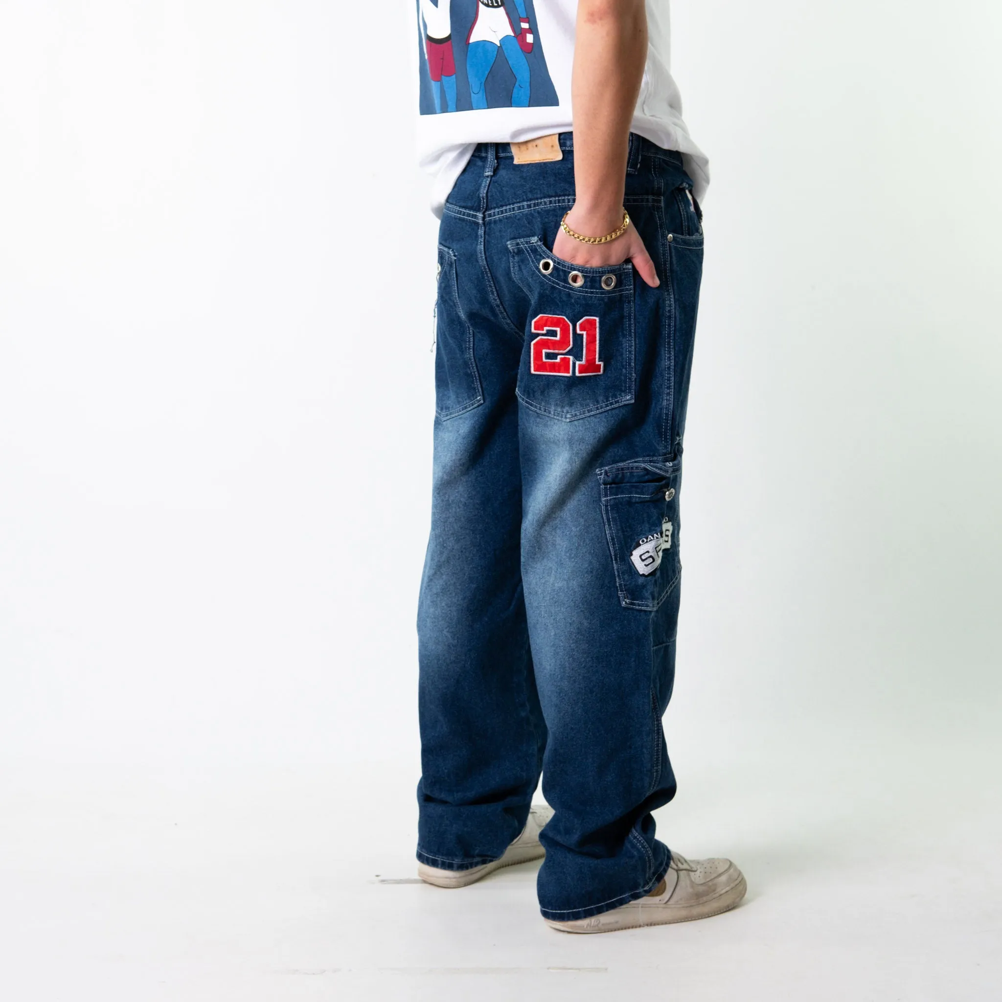 Blue 90s Baggy Hip Hop Japanese Embroidered Cargo Skater Trousers Pants Jeans (34x32)