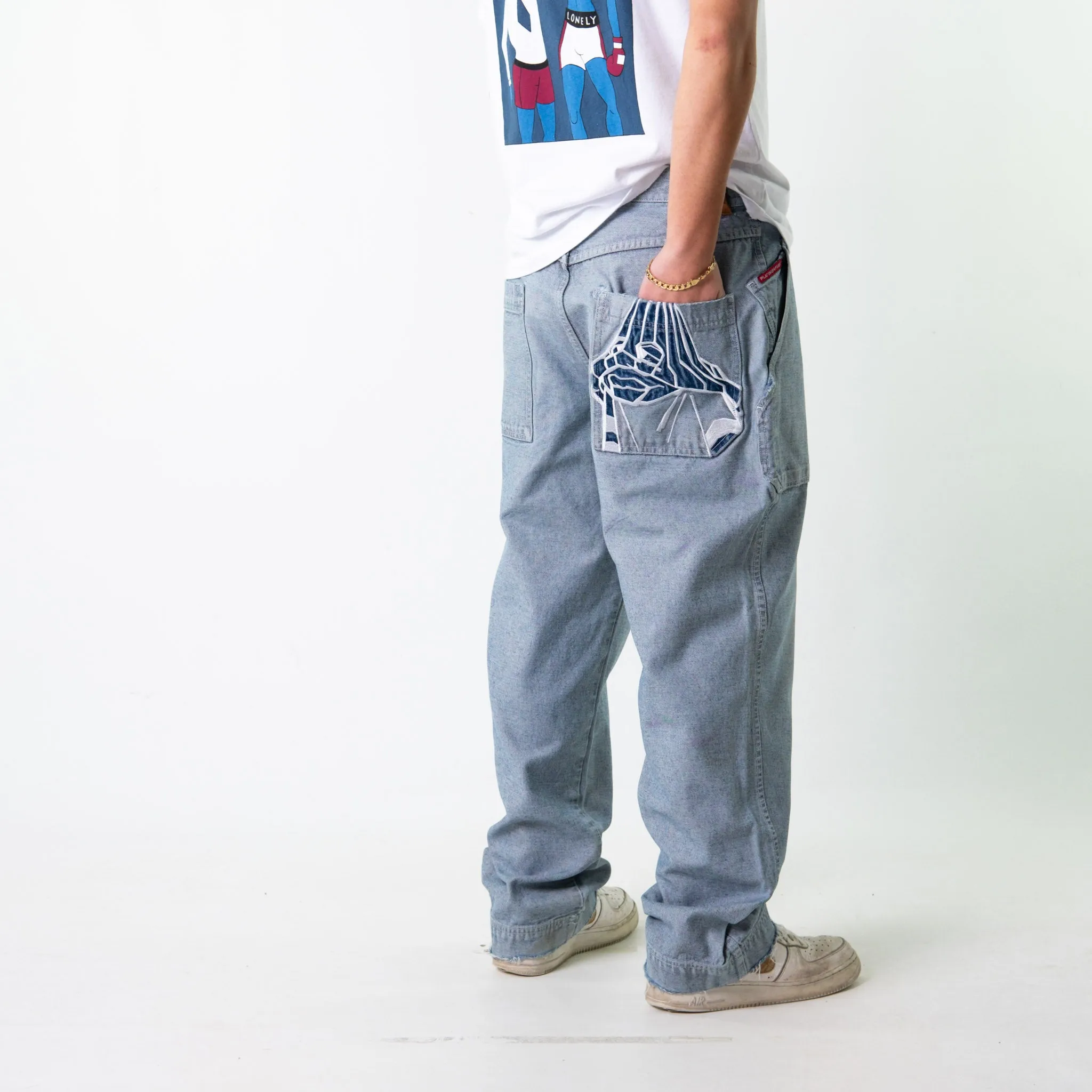 Blue Denim 90s Baggy Hip Hop Fubu Cargo Skater Trousers Pants Jeans (35x32)