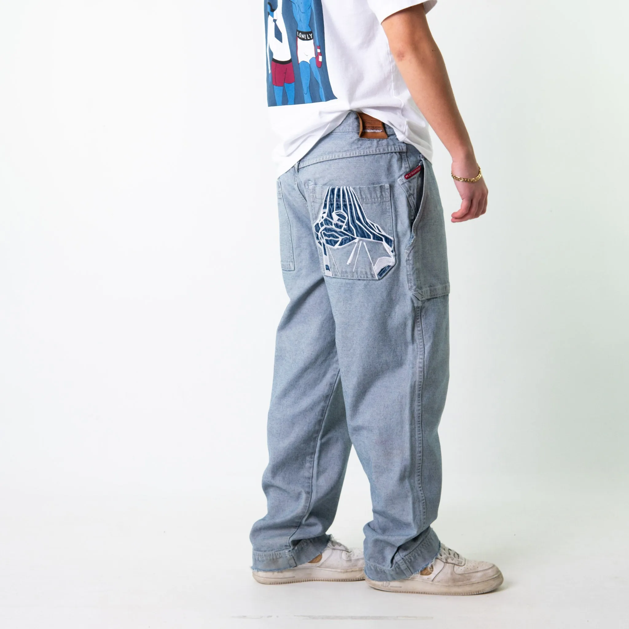 Blue Denim 90s Baggy Hip Hop Fubu Cargo Skater Trousers Pants Jeans (35x32)