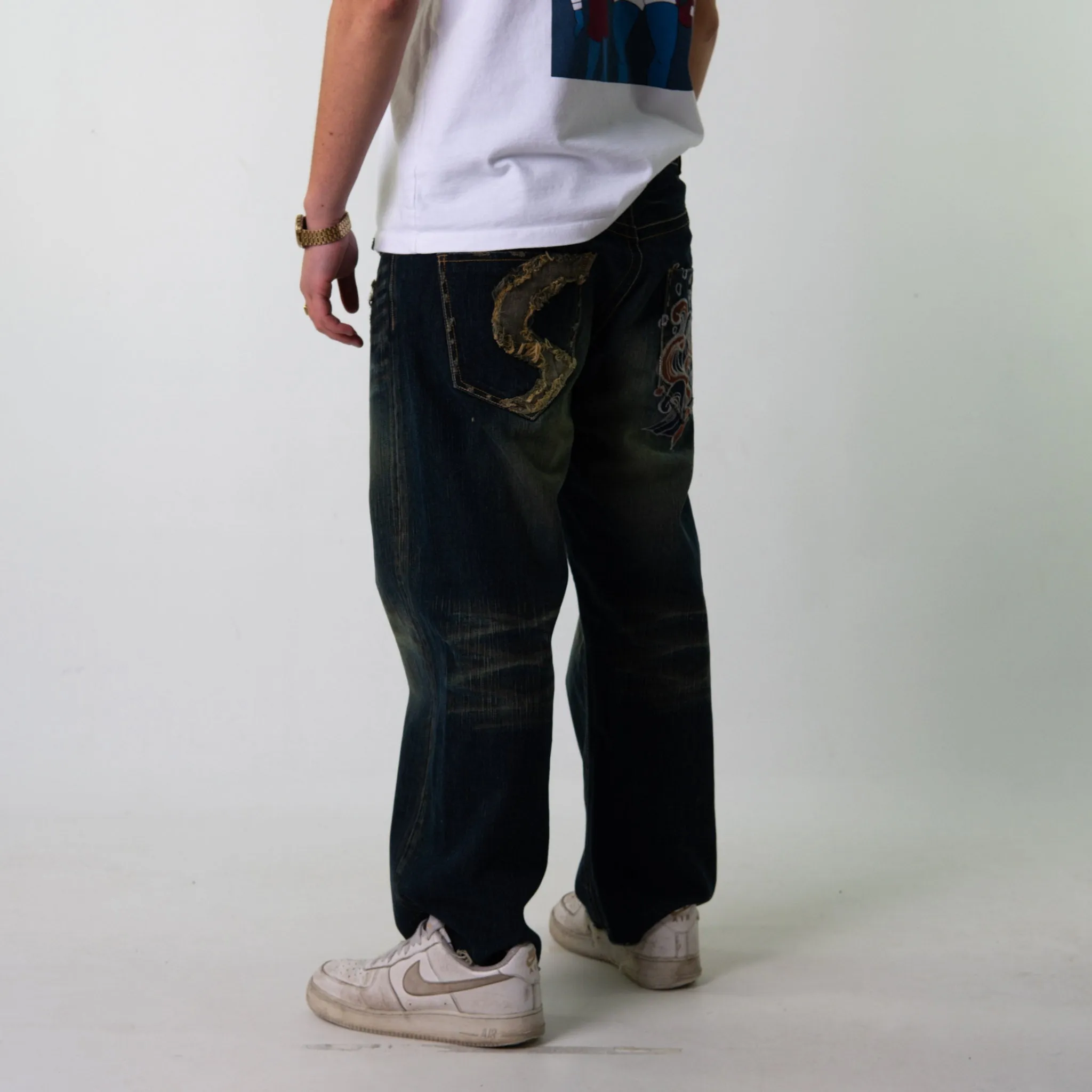 Blue Denim 90s Baggy Hip Hop Japanese Big Train Cargo Skater Trousers Pants Jeans (36x28)