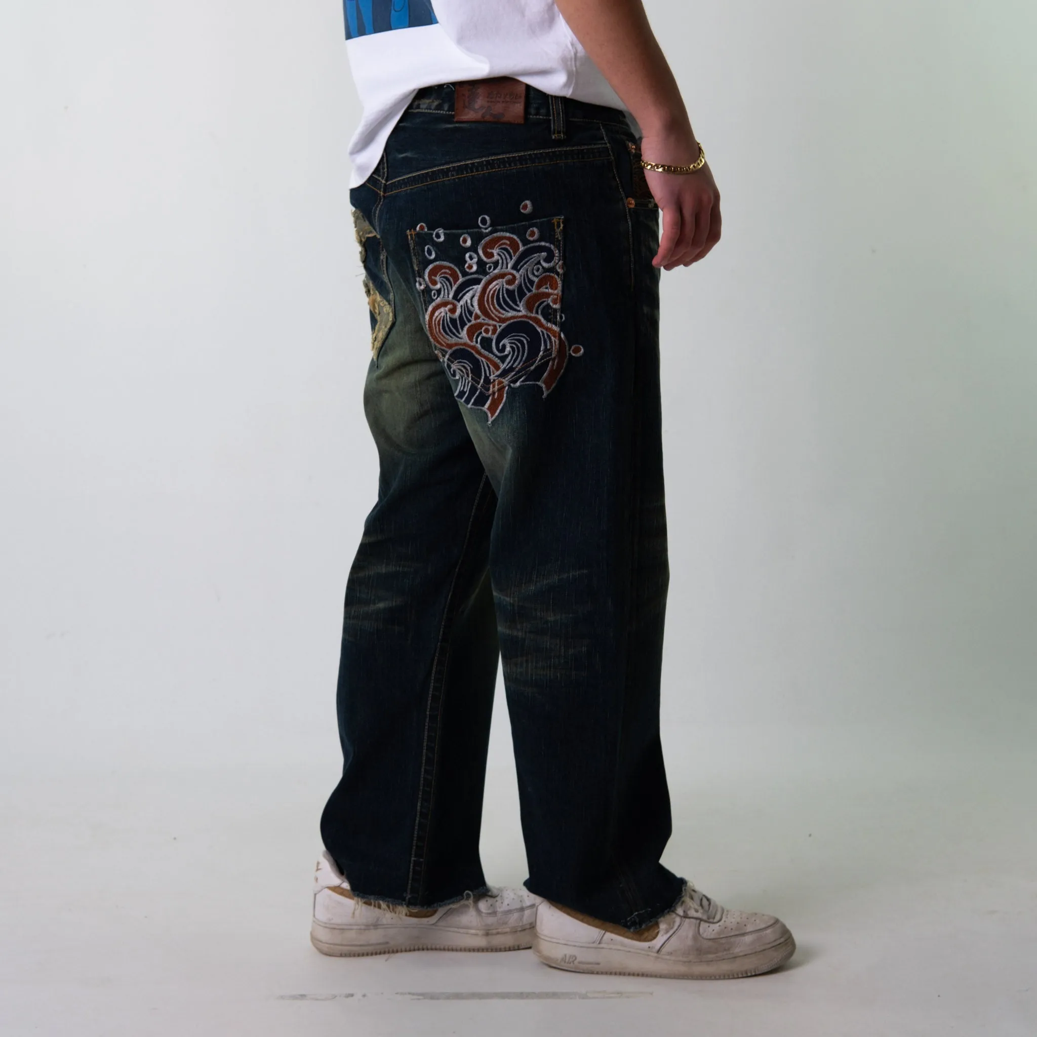 Blue Denim 90s Baggy Hip Hop Japanese Big Train Cargo Skater Trousers Pants Jeans (36x28)