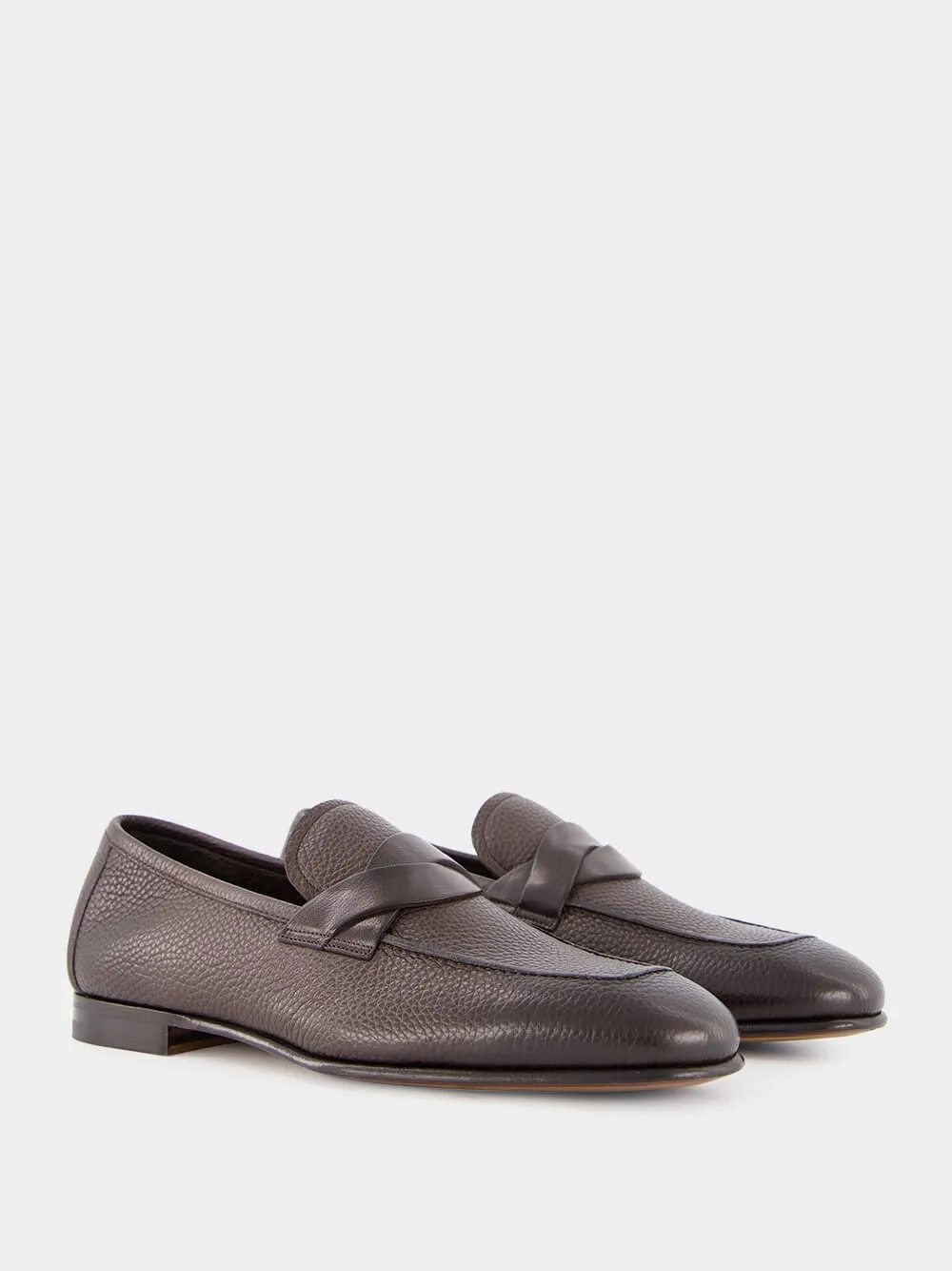 Brown Grain Leather Twisted Band Loafers