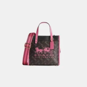 Coach Field Tote In Signature Canvas With Horse And Carriage Print Bag Small - Pink