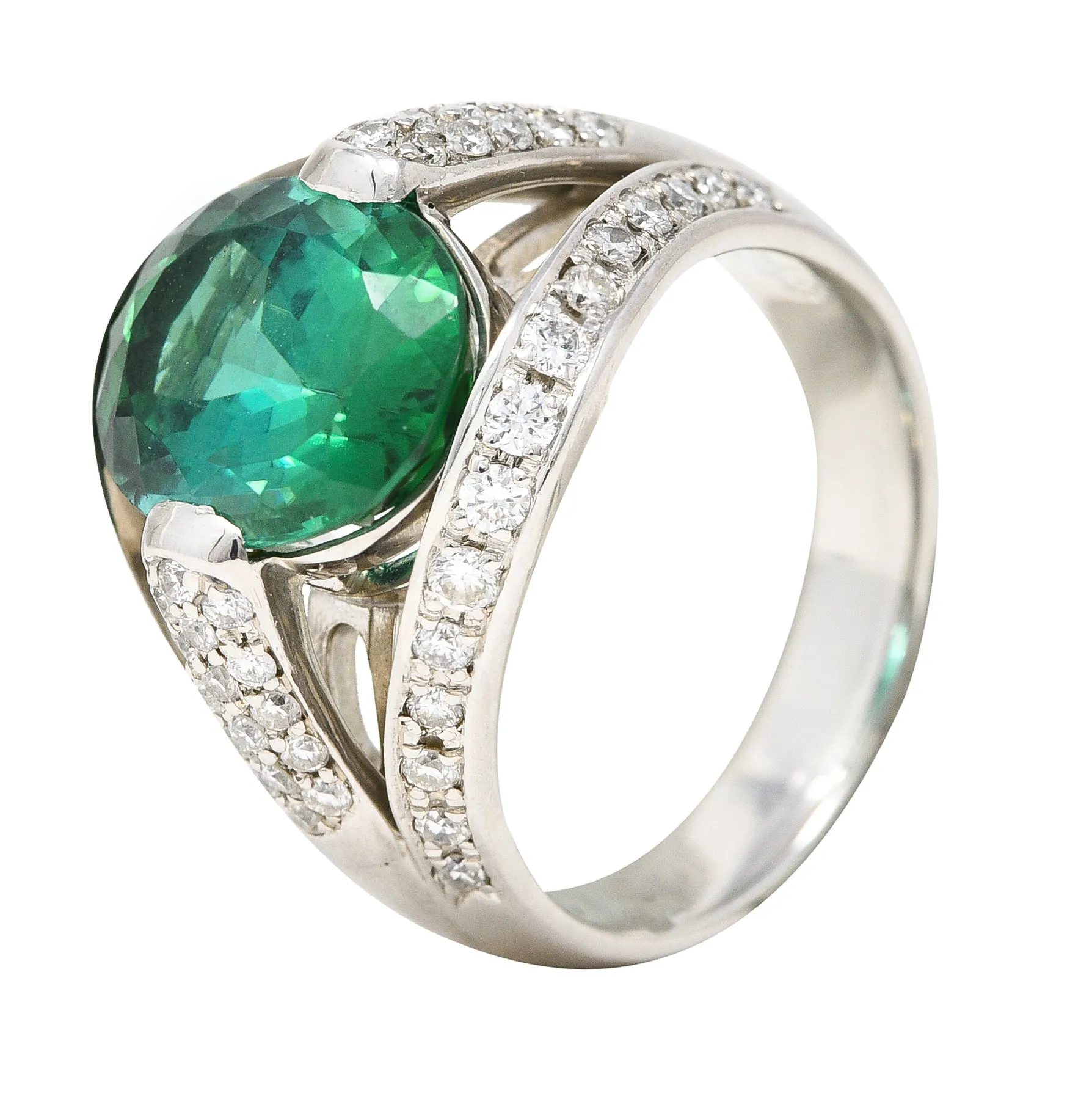 Contemporary 6.62 CTW Green Tourmaline Diamond Platinum Gemstone Band Ring