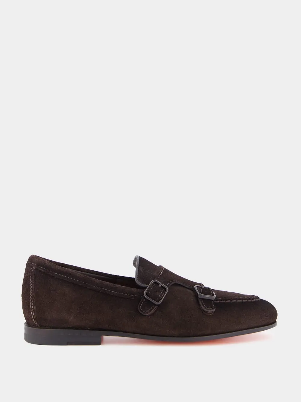 Dark Brown Suede Double-Buckle Loafers