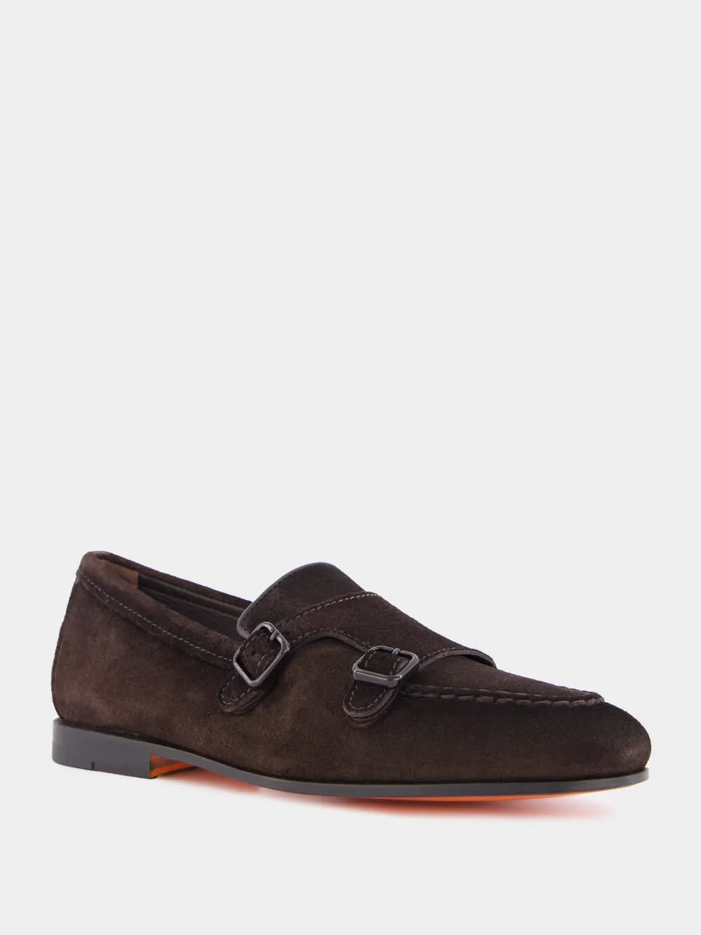 Dark Brown Suede Double-Buckle Loafers