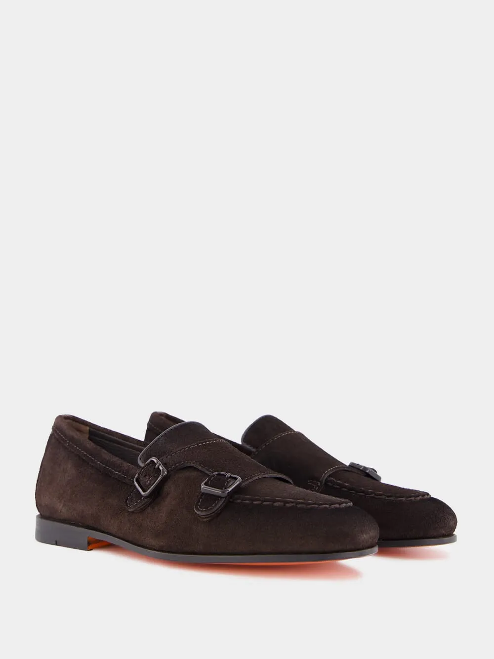 Dark Brown Suede Double-Buckle Loafers