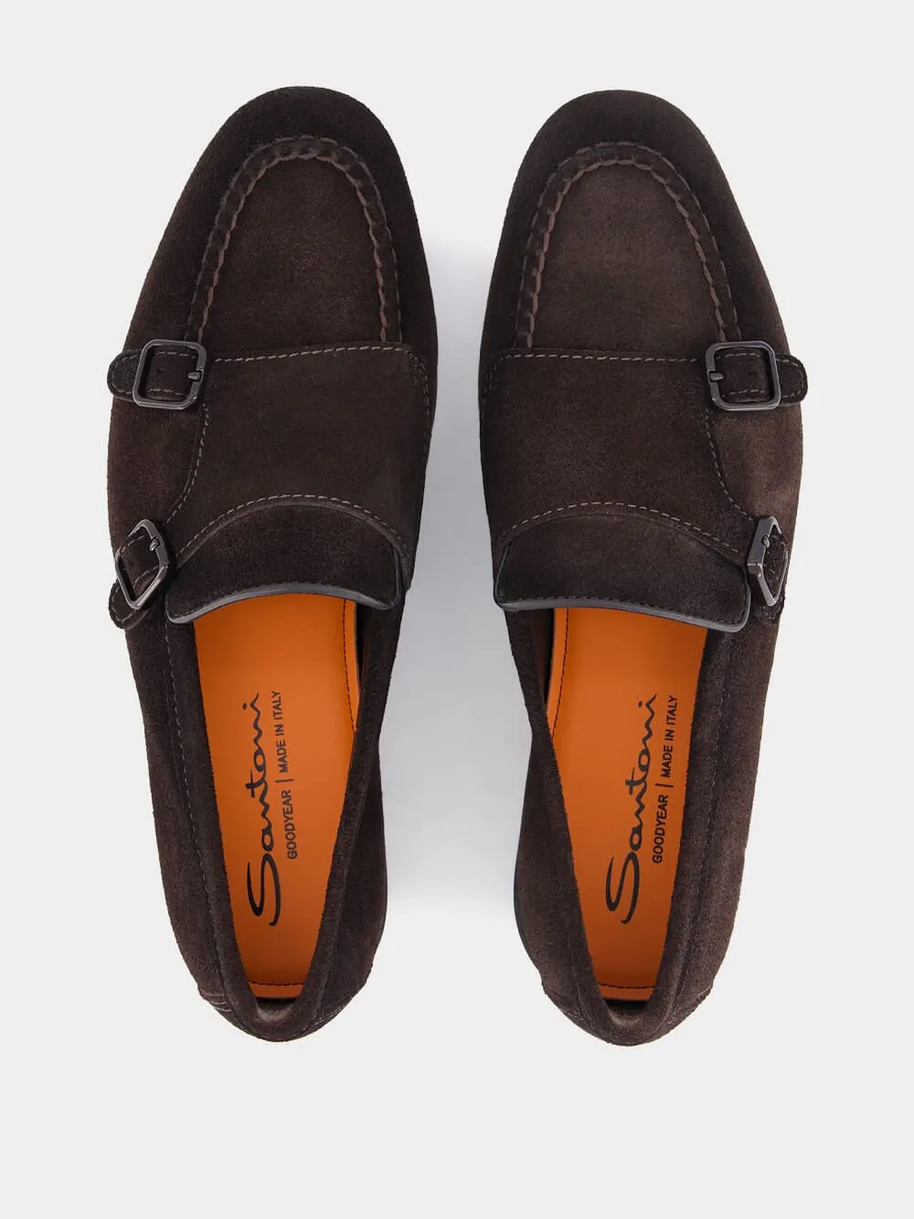 Dark Brown Suede Double-Buckle Loafers