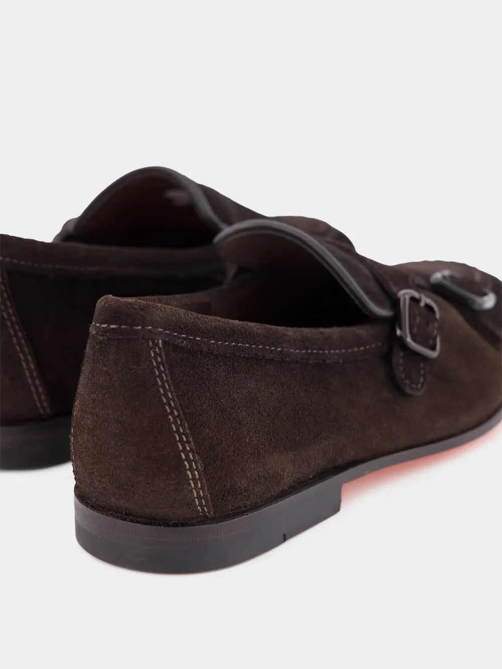 Dark Brown Suede Double-Buckle Loafers