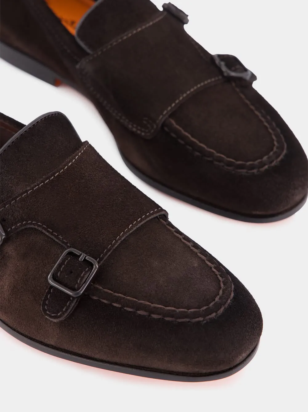 Dark Brown Suede Double-Buckle Loafers