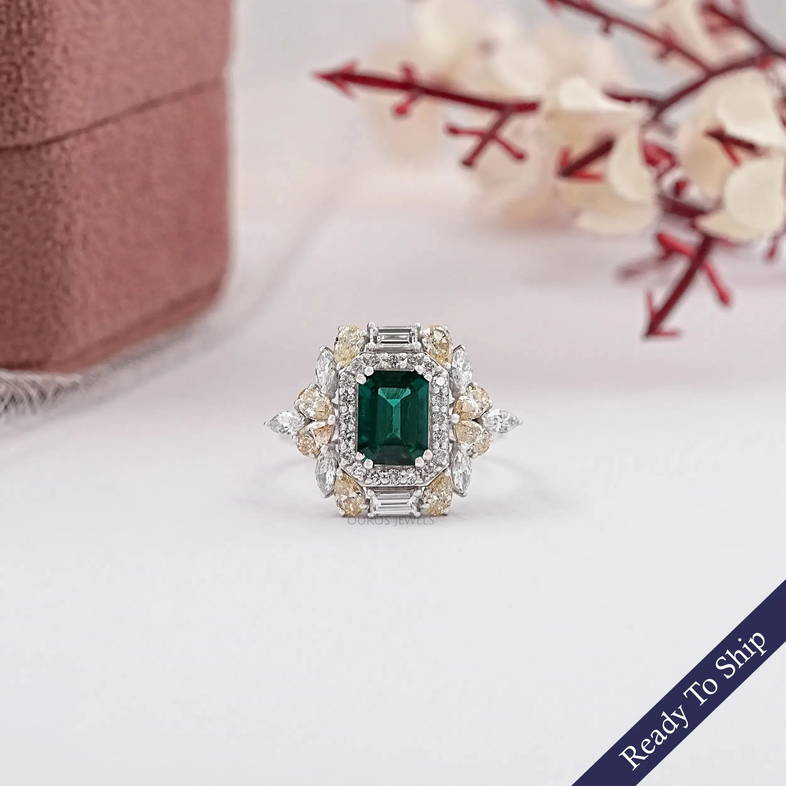 Double Halo Green Emerald Diamond Engagement Ring