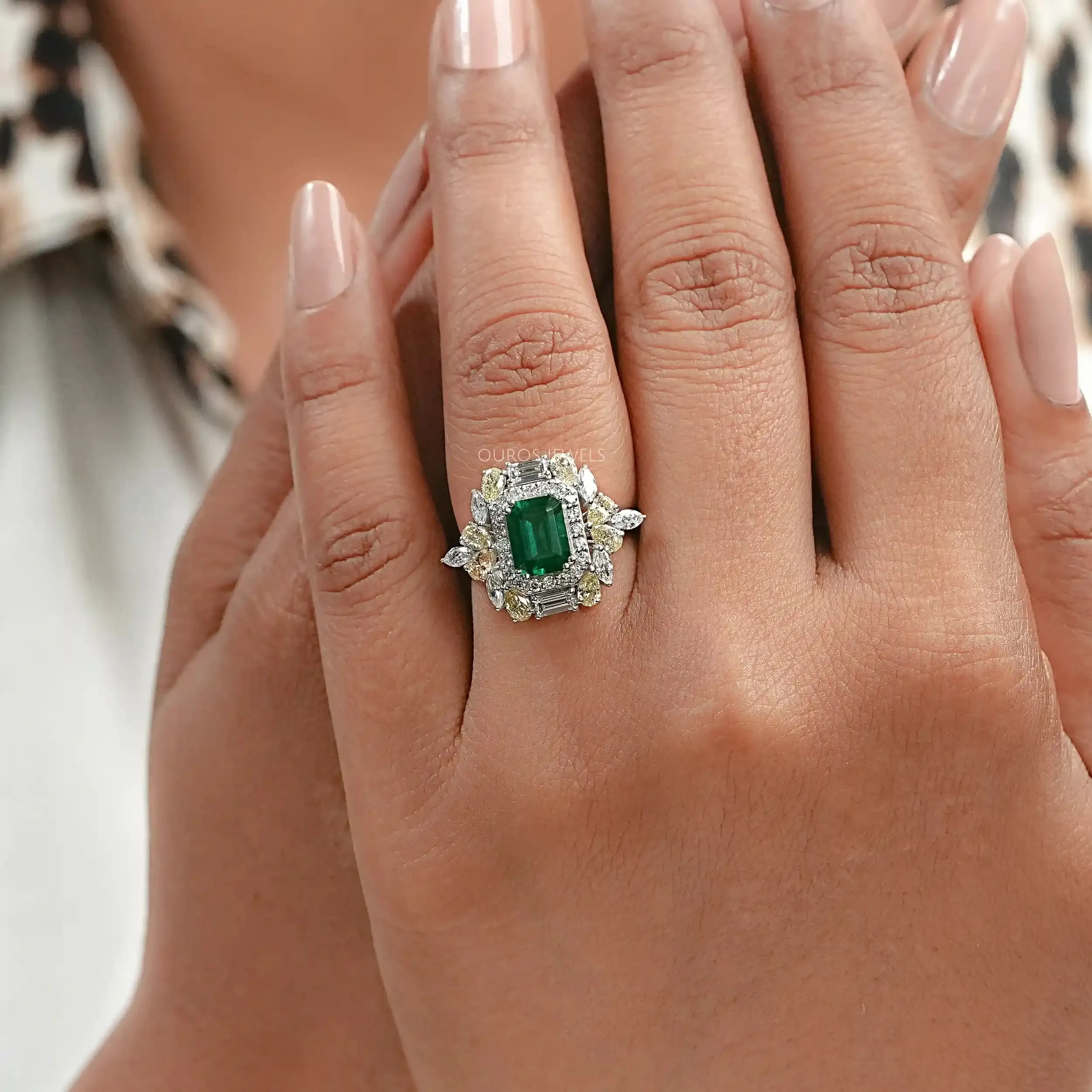 Double Halo Green Emerald Diamond Engagement Ring