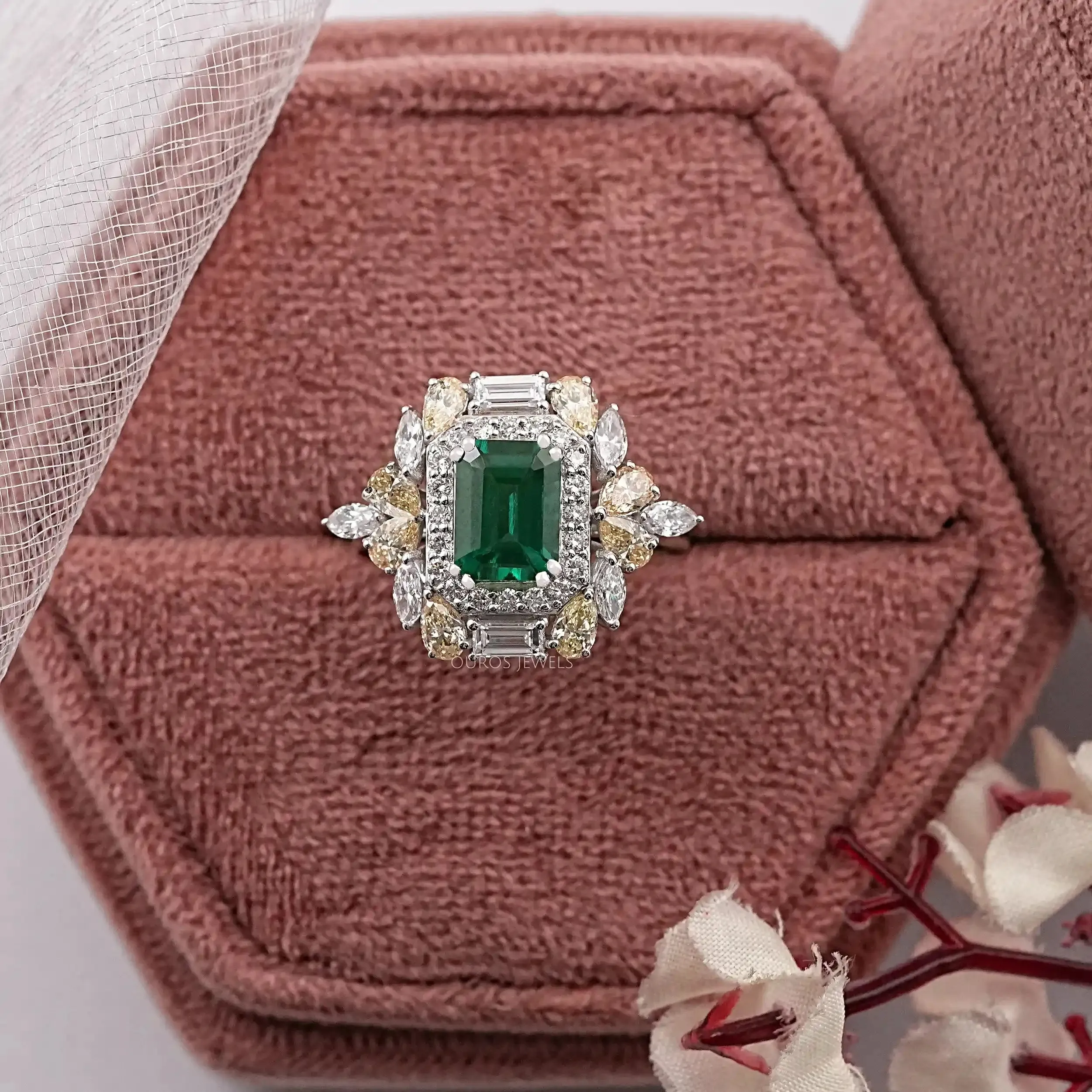 Double Halo Green Emerald Diamond Engagement Ring